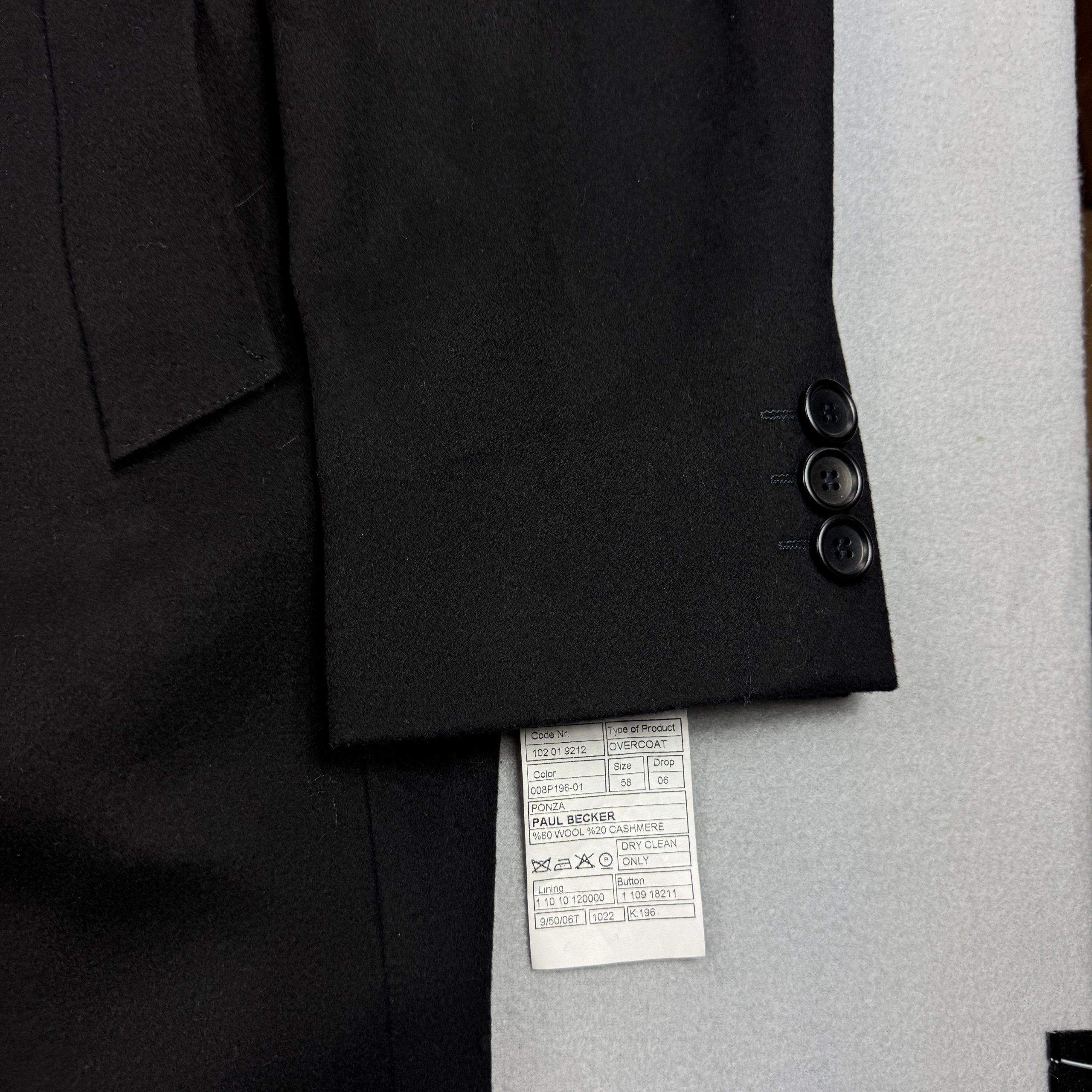 Men`s Paul Becker Black Wool & Cashmere Overcoat Size 58 / XXL image 4