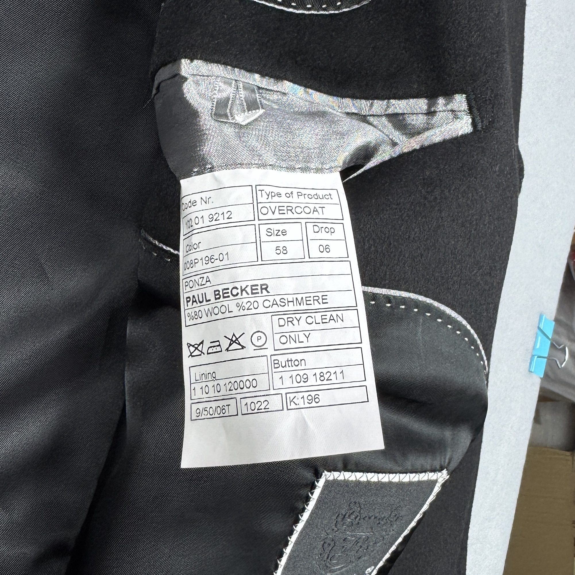 Men`s Paul Becker Black Wool & Cashmere Overcoat Size 58 / XXL image 8