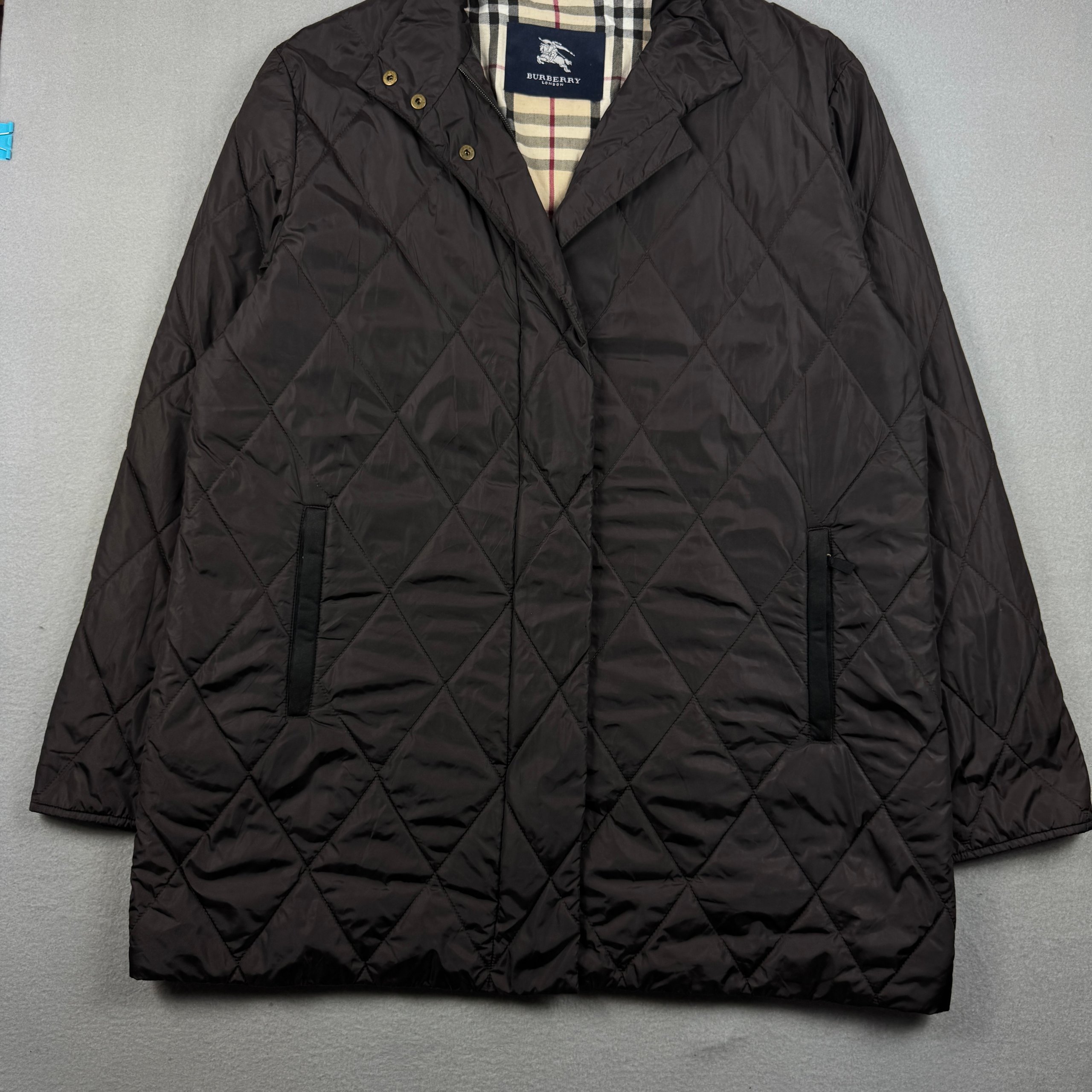 Burberry London Vintage Dark Brown Quilted Women`s Jacket Classic Check Lining Size 48 / XL image 5