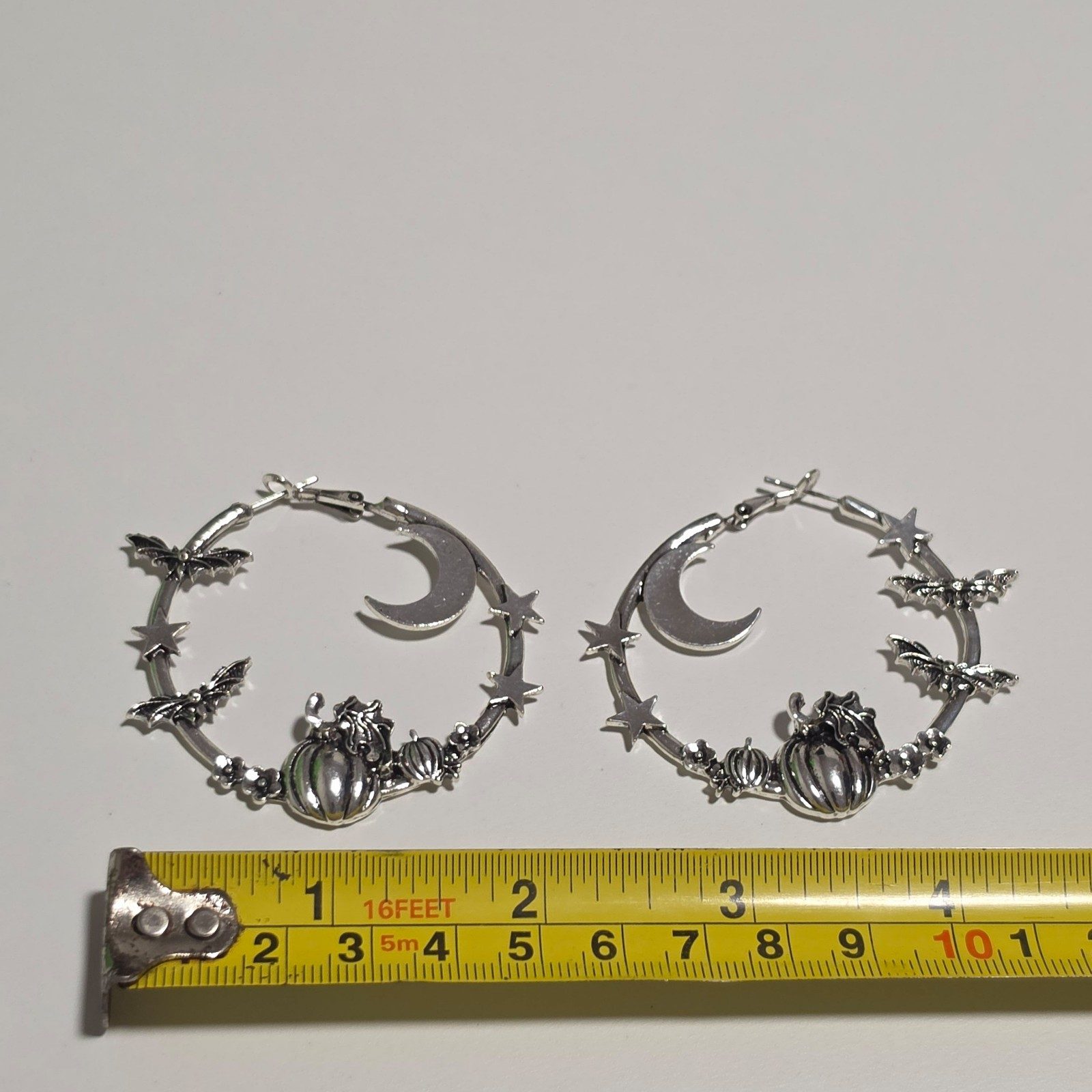 Silver-tone Halloween Pumpkin & Bat Hoop Earrings.b7 image 2
