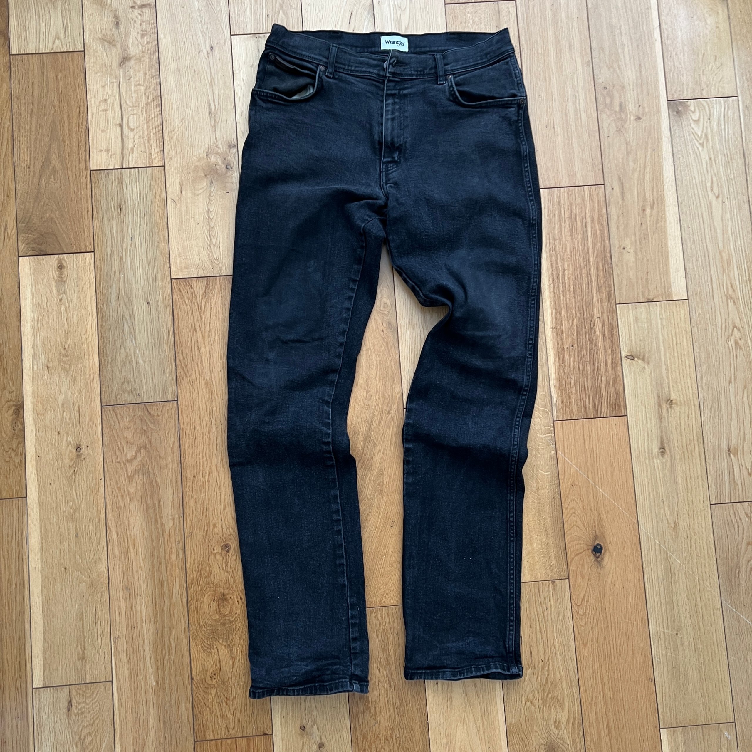 Wrangler Texas Jeans Men's W34 L36 Faded Black Stretch Straight Fit Denim