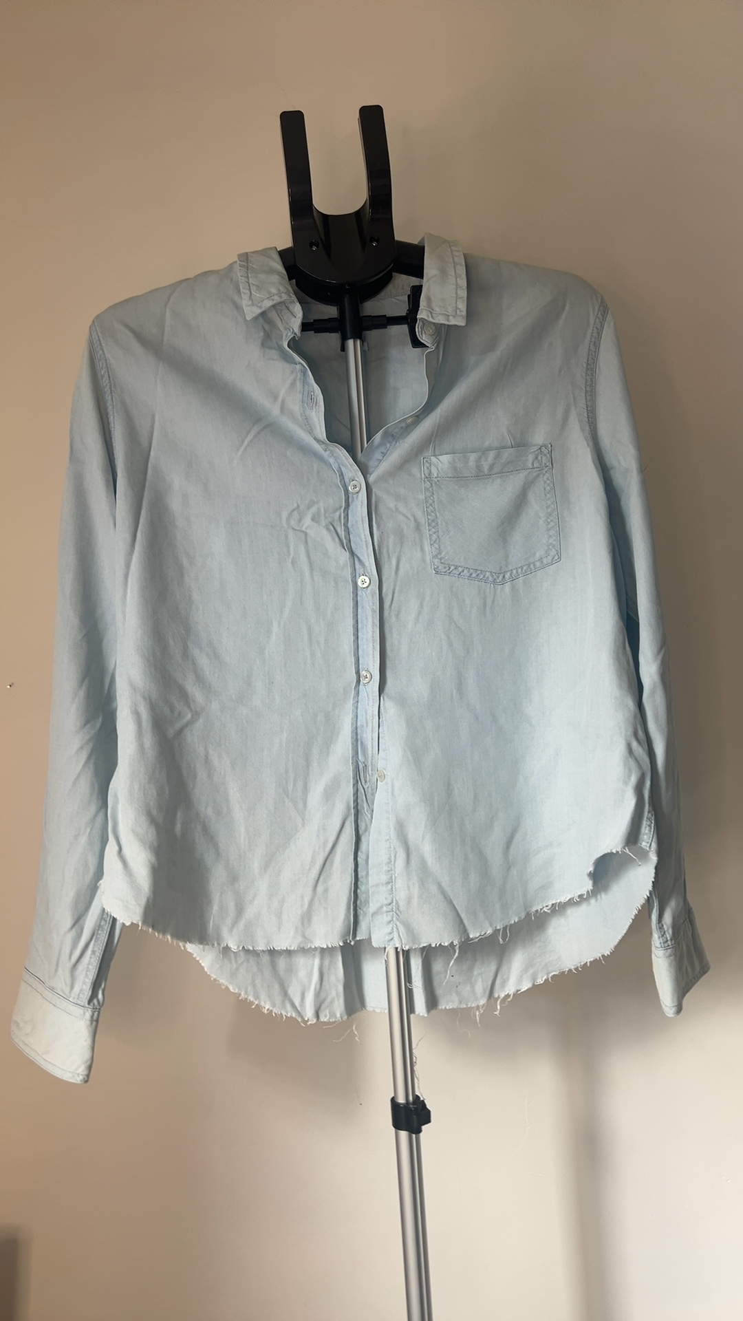 Zara Light Blue Denim Shirt Large Raw Hem Casual