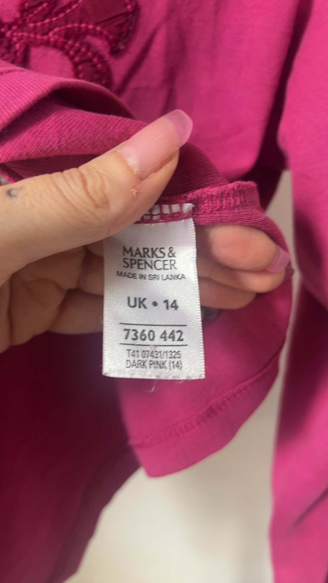 Marks & Spencer Dark Pink Embroidered Long Sleeve Top UK 14 image 3