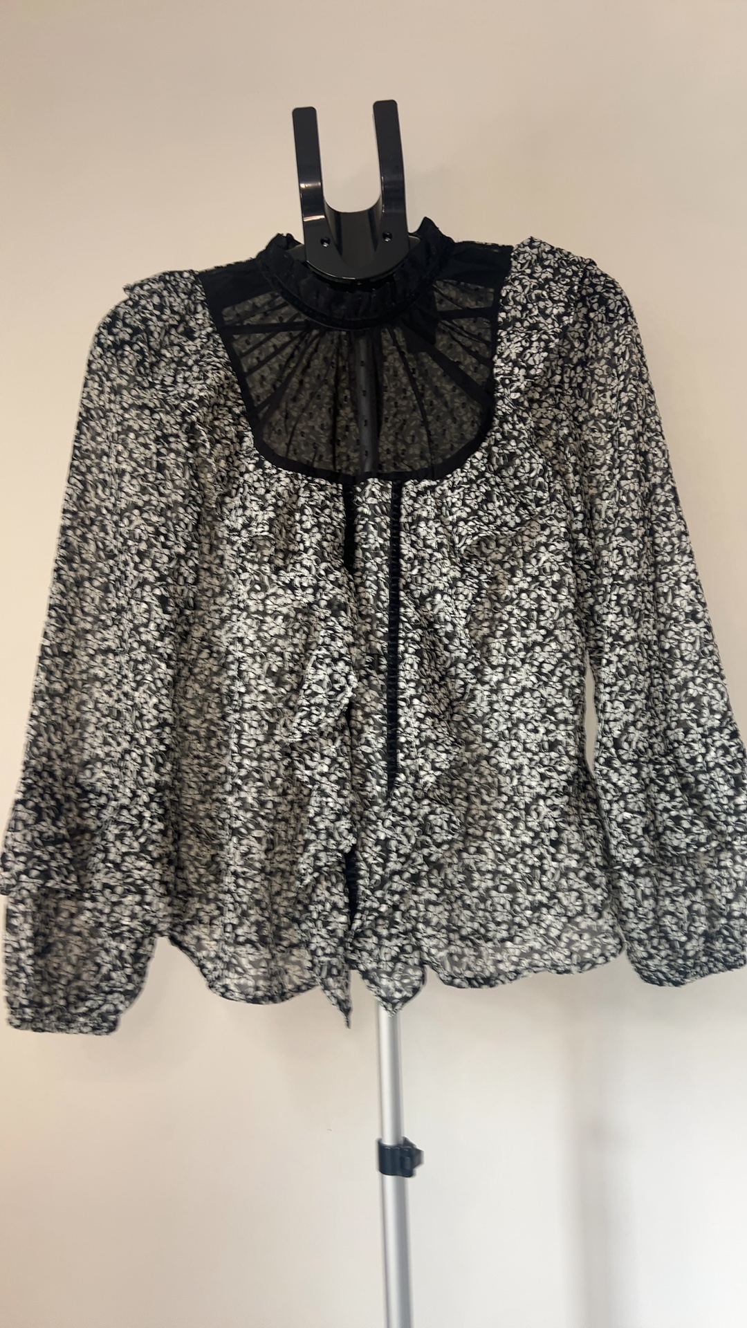 Topshop Black & White Floral Sheer Mesh Ruffle Blouse UK 8