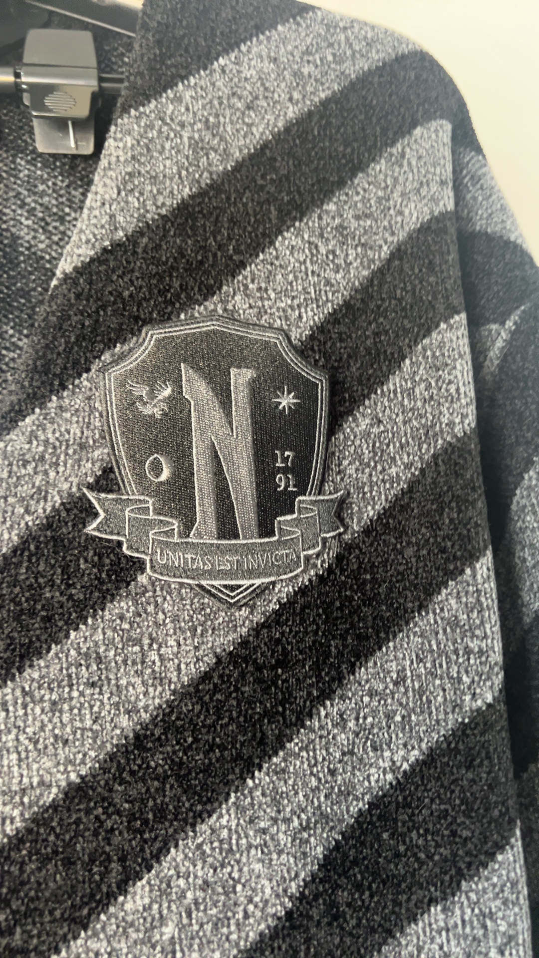Killstar & Wednesday Black & Grey Striped Knit Cardigan Large Skull Button image 2