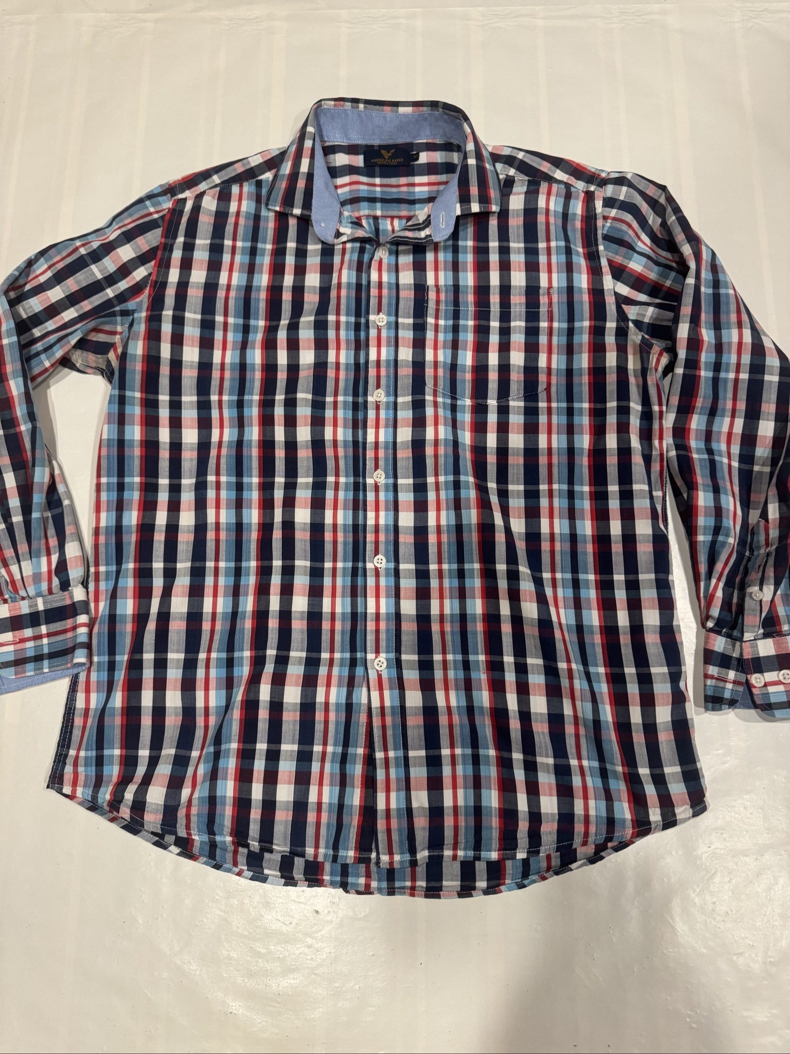 Men’s American Breed Plaid Long Sleeve Button-Down Shirt – Blue Red White – Medium