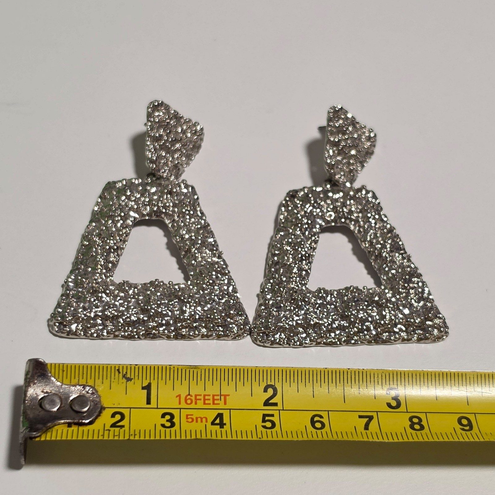 Silver Tone Textured Triangle Drop Earrings. b7 image 4