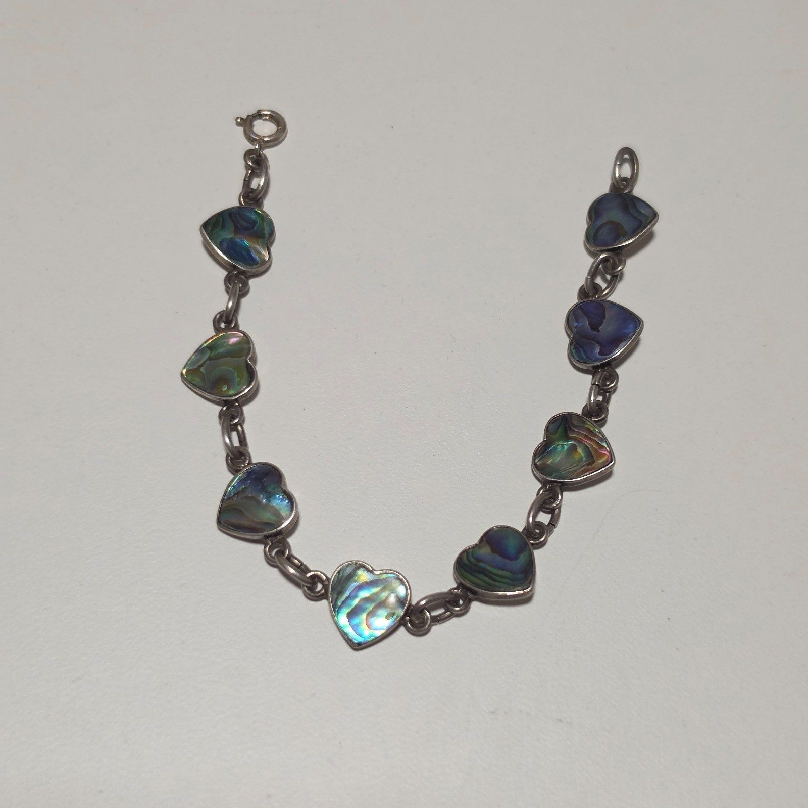 Vintage Sterling Silver Heart Abalone Shell Link Bracelet.b6