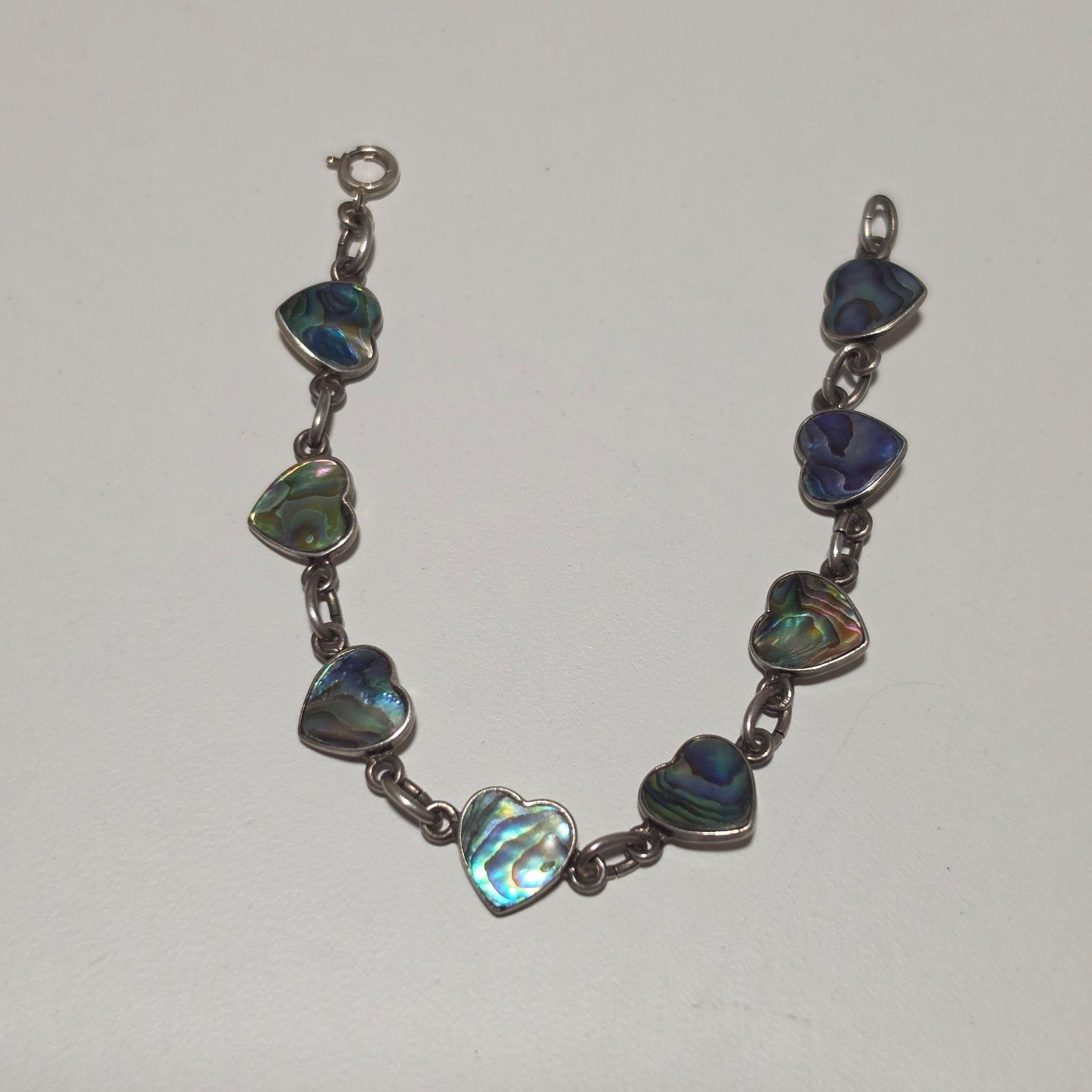 Vintage Sterling Silver Heart Abalone Shell Link Bracelet.b6 image 2