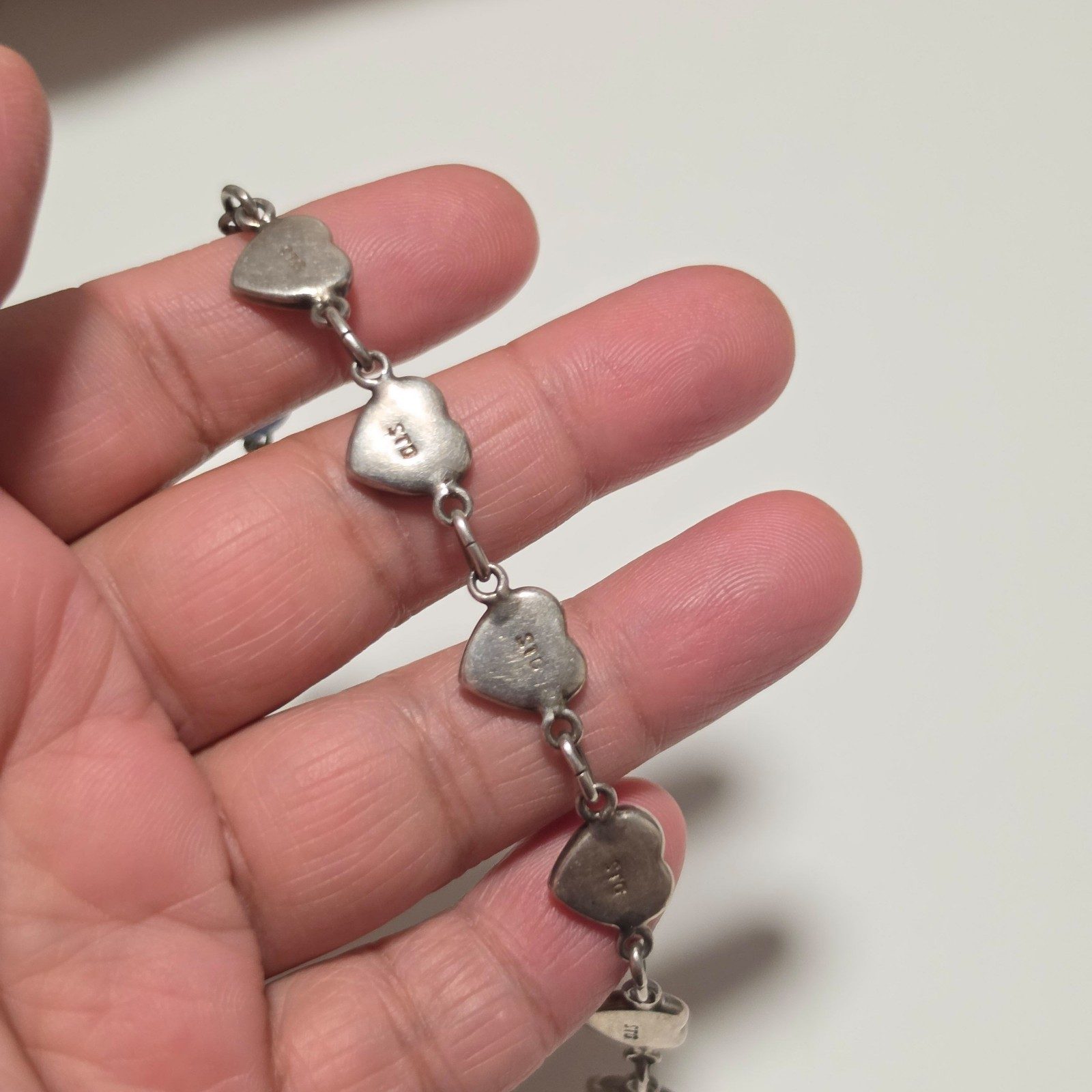 Vintage Sterling Silver Heart Abalone Shell Link Bracelet.b6 image 3