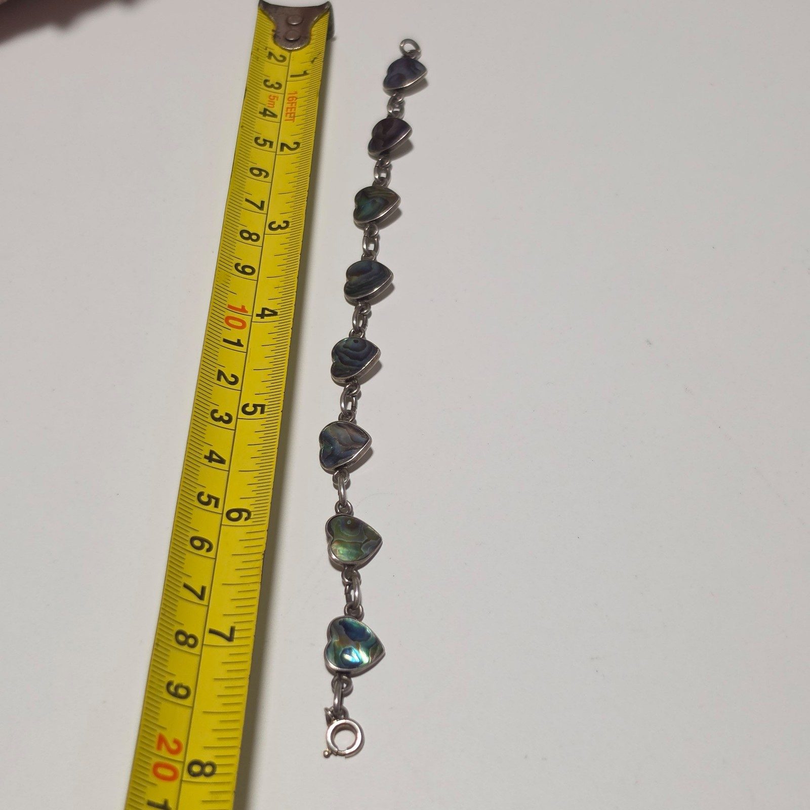 Vintage Sterling Silver Heart Abalone Shell Link Bracelet.b6 image 4