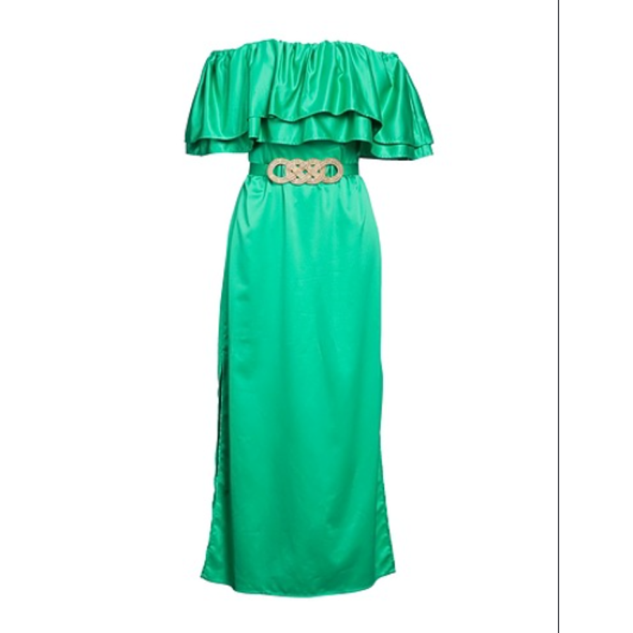 Green Women's Off-Shoulder Satin Maxi Dress With Belt Medium