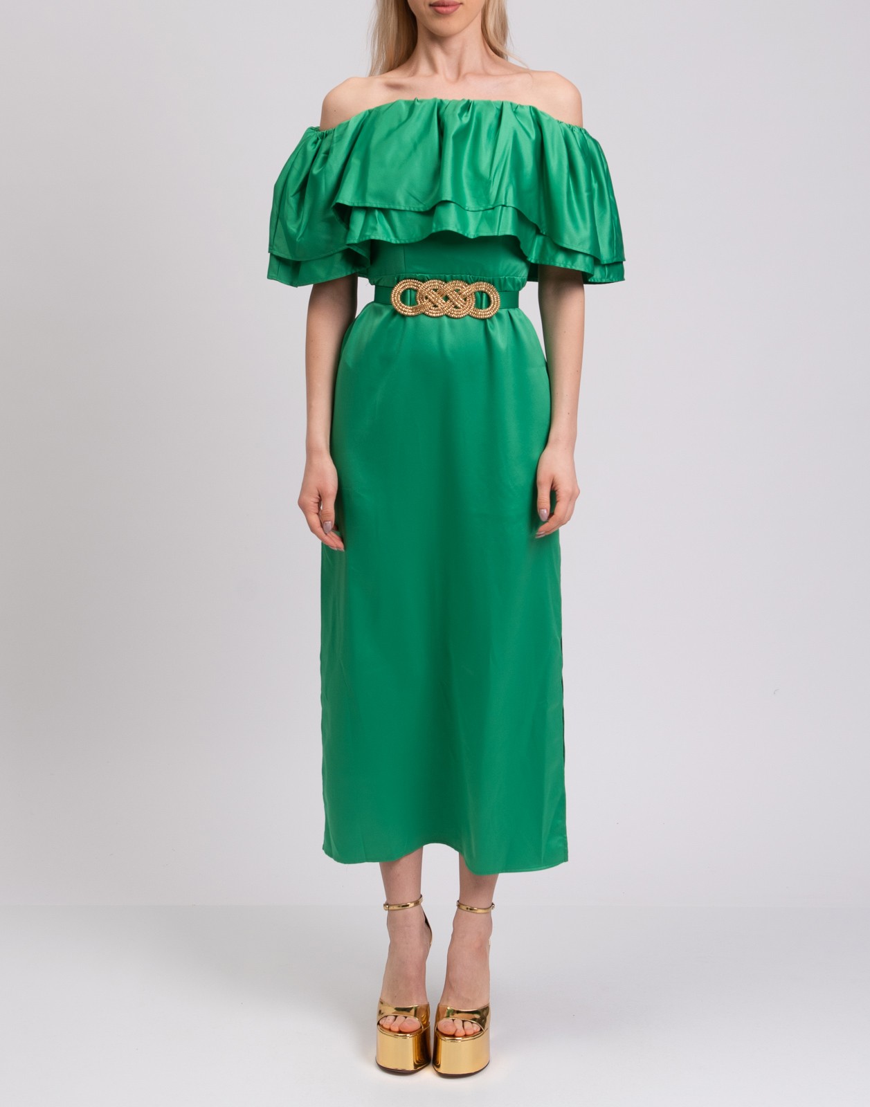 New Simona Corsellini Green Off-Shoulder Maxi Dress Size M image 3