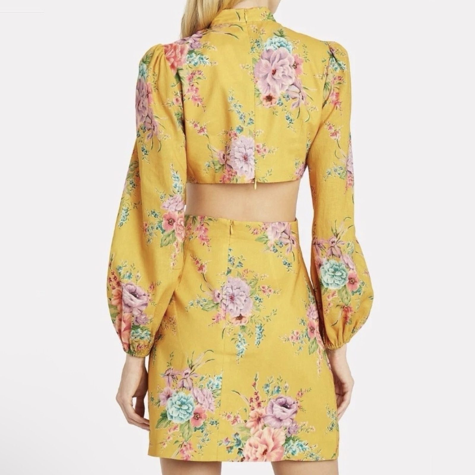 Zimmermann Zinnia Cut Out Bow Mini Dress 0 / AU 8 / US 4 Yellow Floral Sleeves image 2