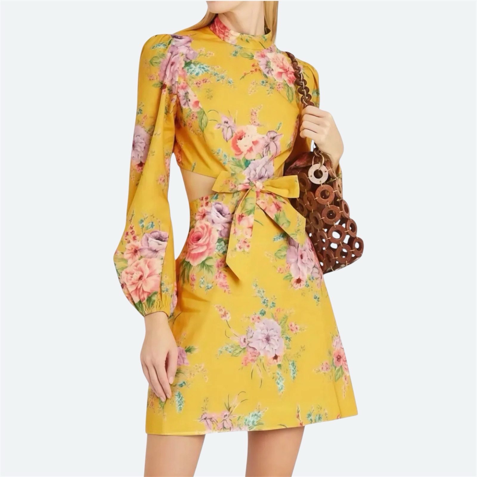 Zimmermann Zinnia Cut Out Bow Mini Dress 0 / AU 8 / US 4 Yellow Floral Sleeves