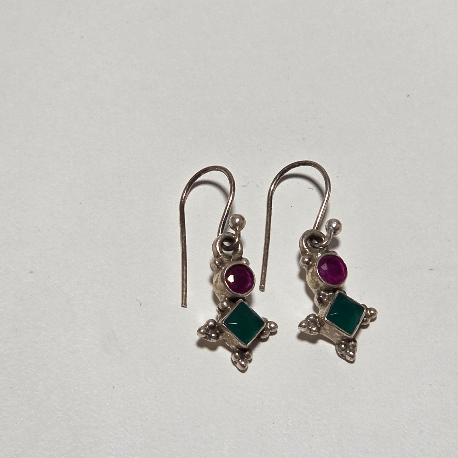 Vintage Silver Green & Pink Stone Drop Earrings.b6 image 2