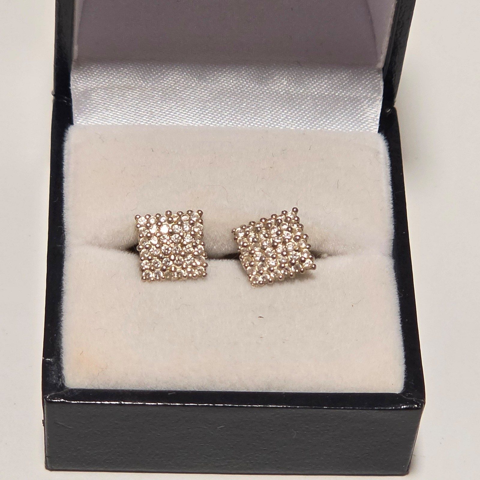 Sterling Silver Tone Rhinestone Square Stud Earrings .b6 image 2