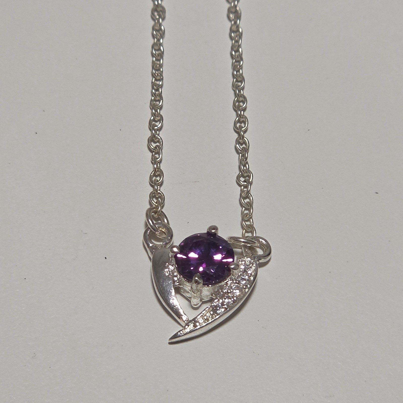 925 Silver Purple Stone Heart Pendant Necklace .b6 image 2