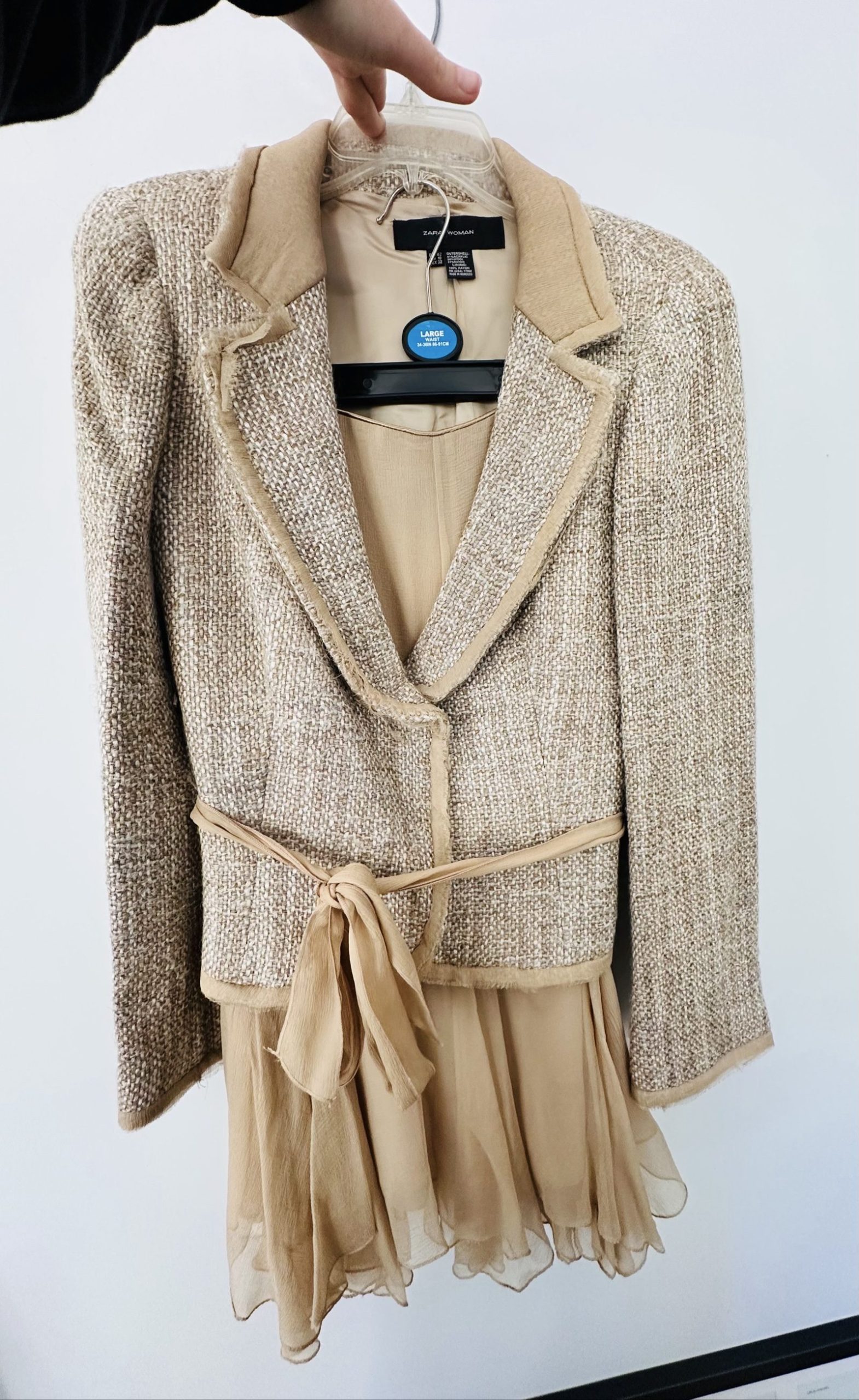 Zara Beige Women's Tweed Jacket & Silk Skirt Set Large