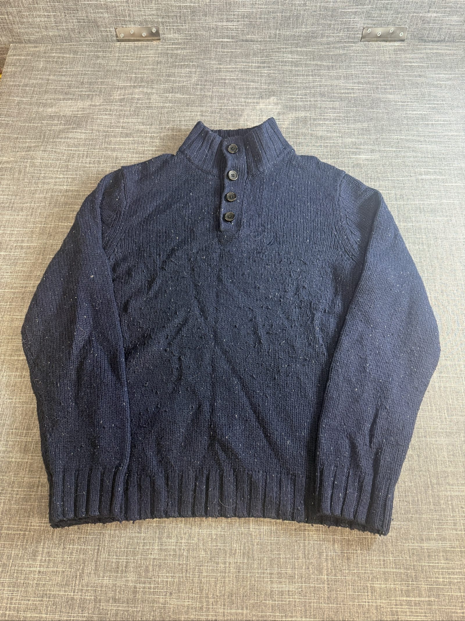 Nautica Men’s Navy Knit Button Neck Sweater Medium Wool Acrylic Nylon