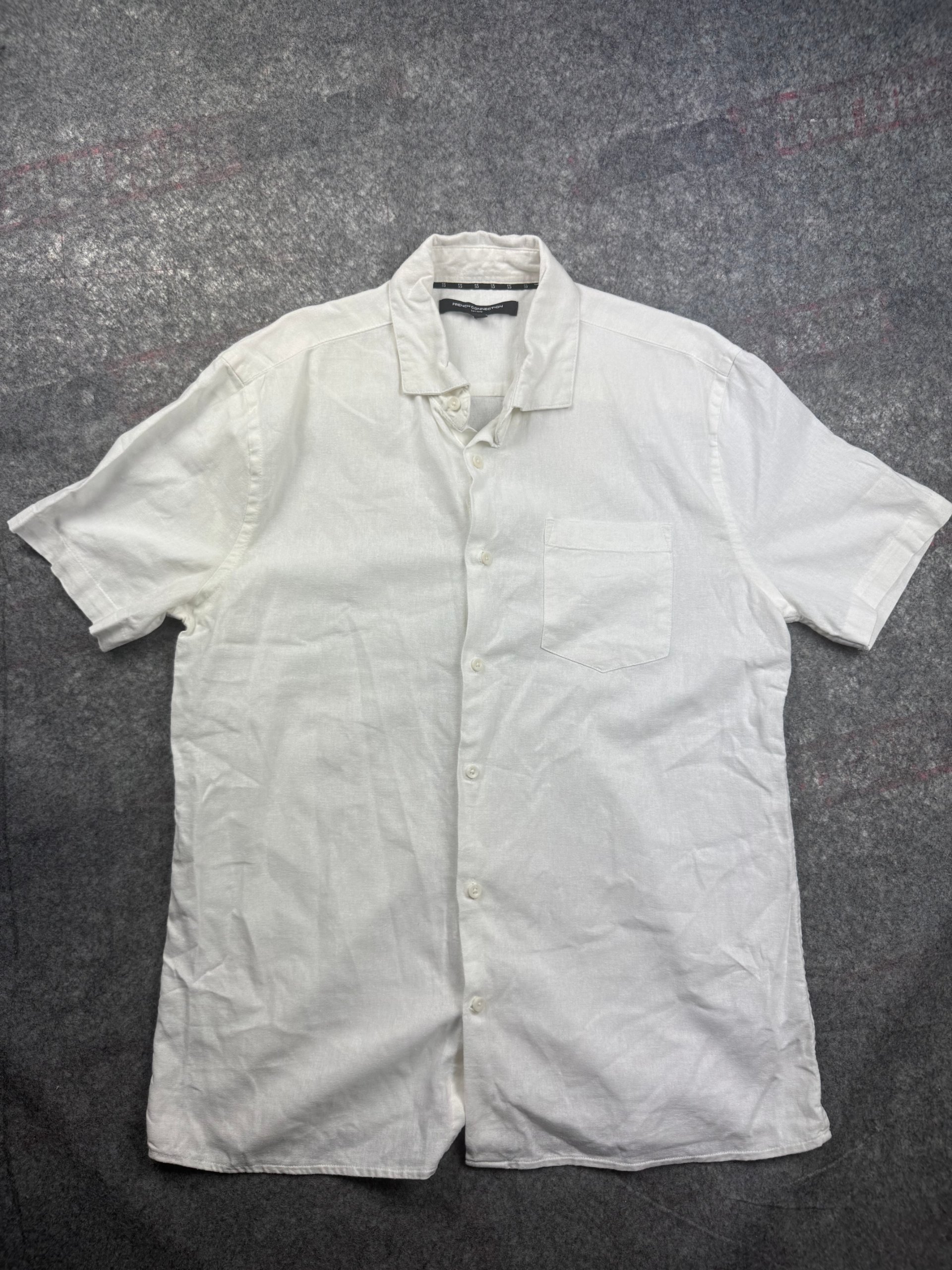 French Connection White Linen Blend Short Sleeve Shirt Mens L Relaxed