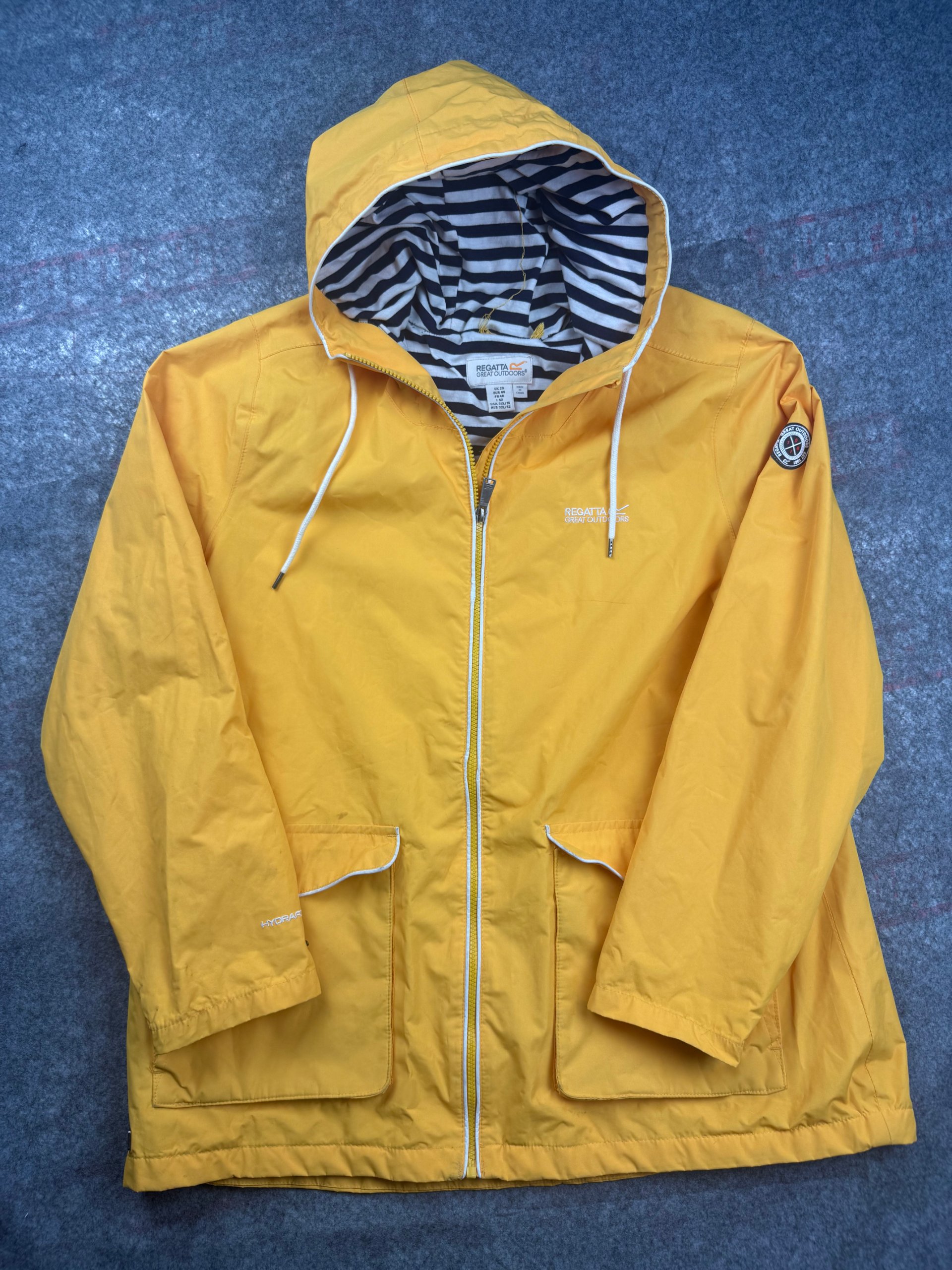 Regatta Yellow Hooded Rain Jacket Women’s UK 20 Striped Lined