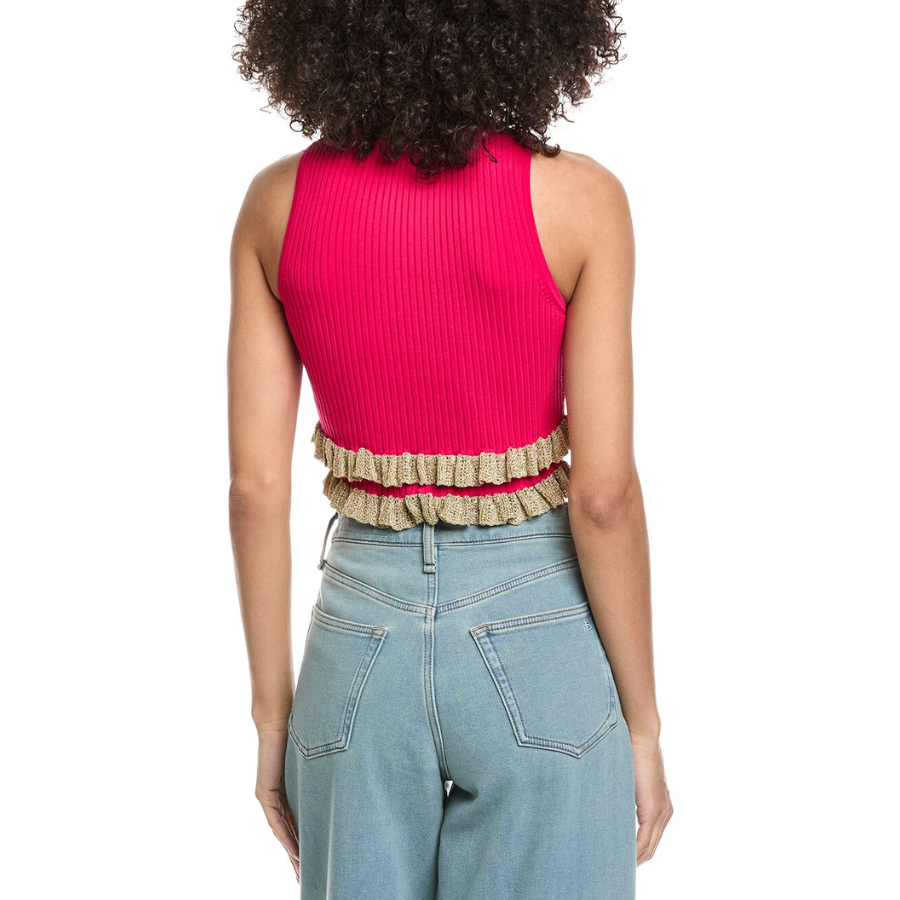 New Sandro Ribbed Knit Crop Top Metallic Ruffle Hem Pink Size L image 2
