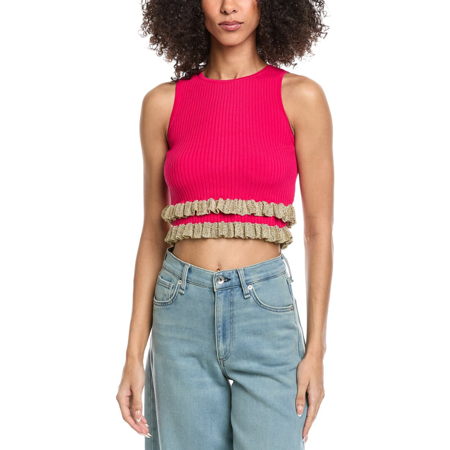 New Sandro Ribbed Knit Crop Top Metallic Ruffle Hem Pink Size L image 3