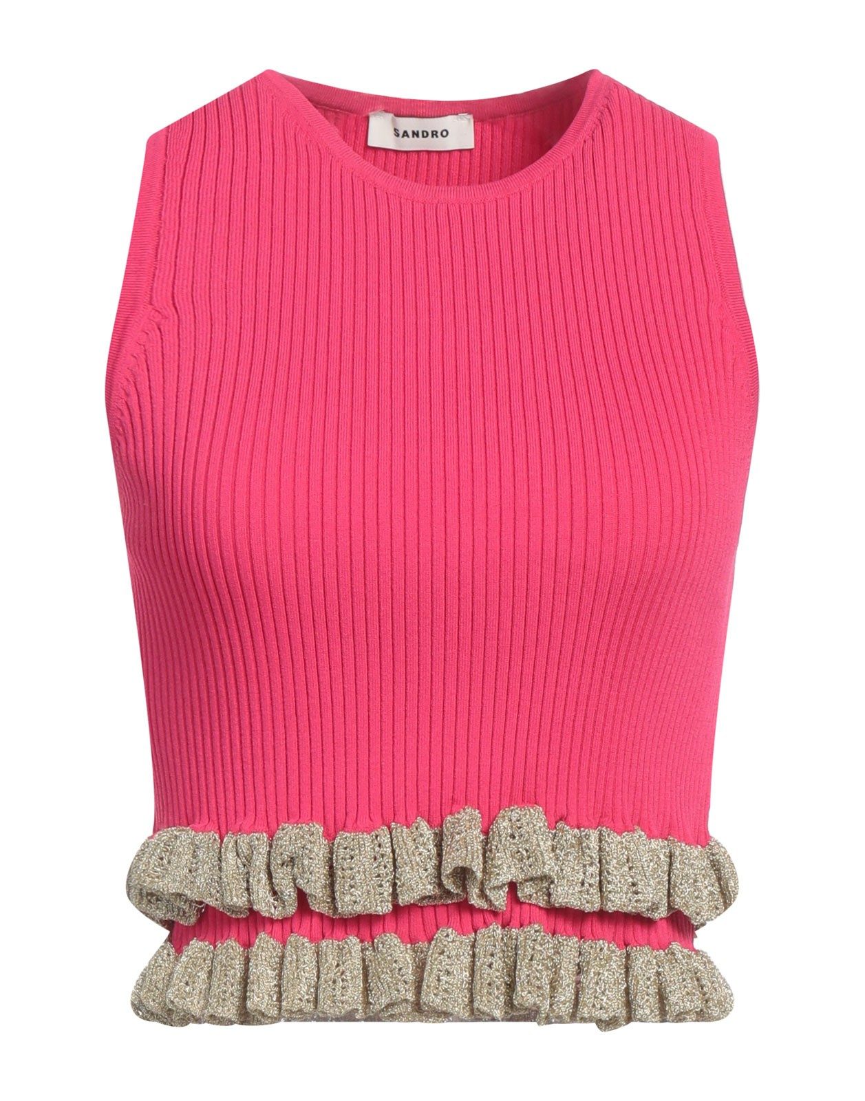 New Sandro Ribbed Knit Crop Top Metallic Ruffle Hem Pink Size L