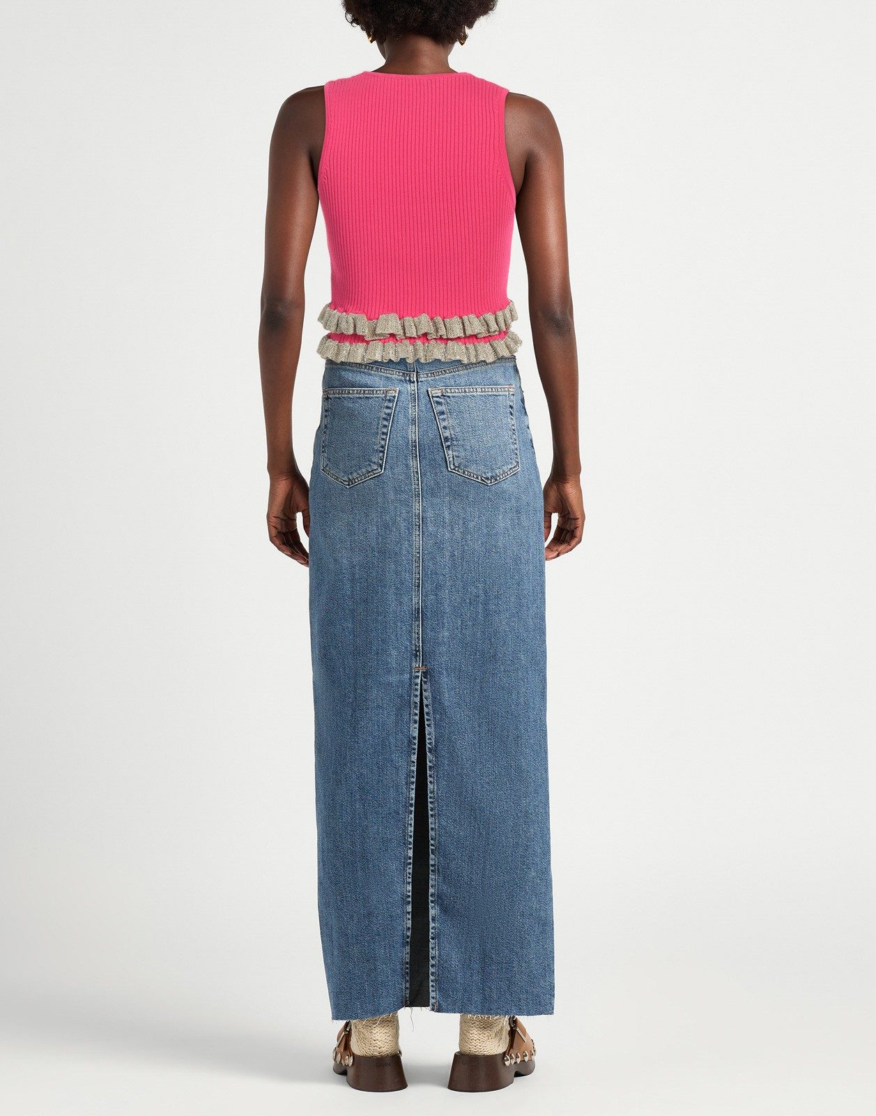 New Sandro Ribbed Knit Crop Top Metallic Ruffle Hem Pink Size L image 5