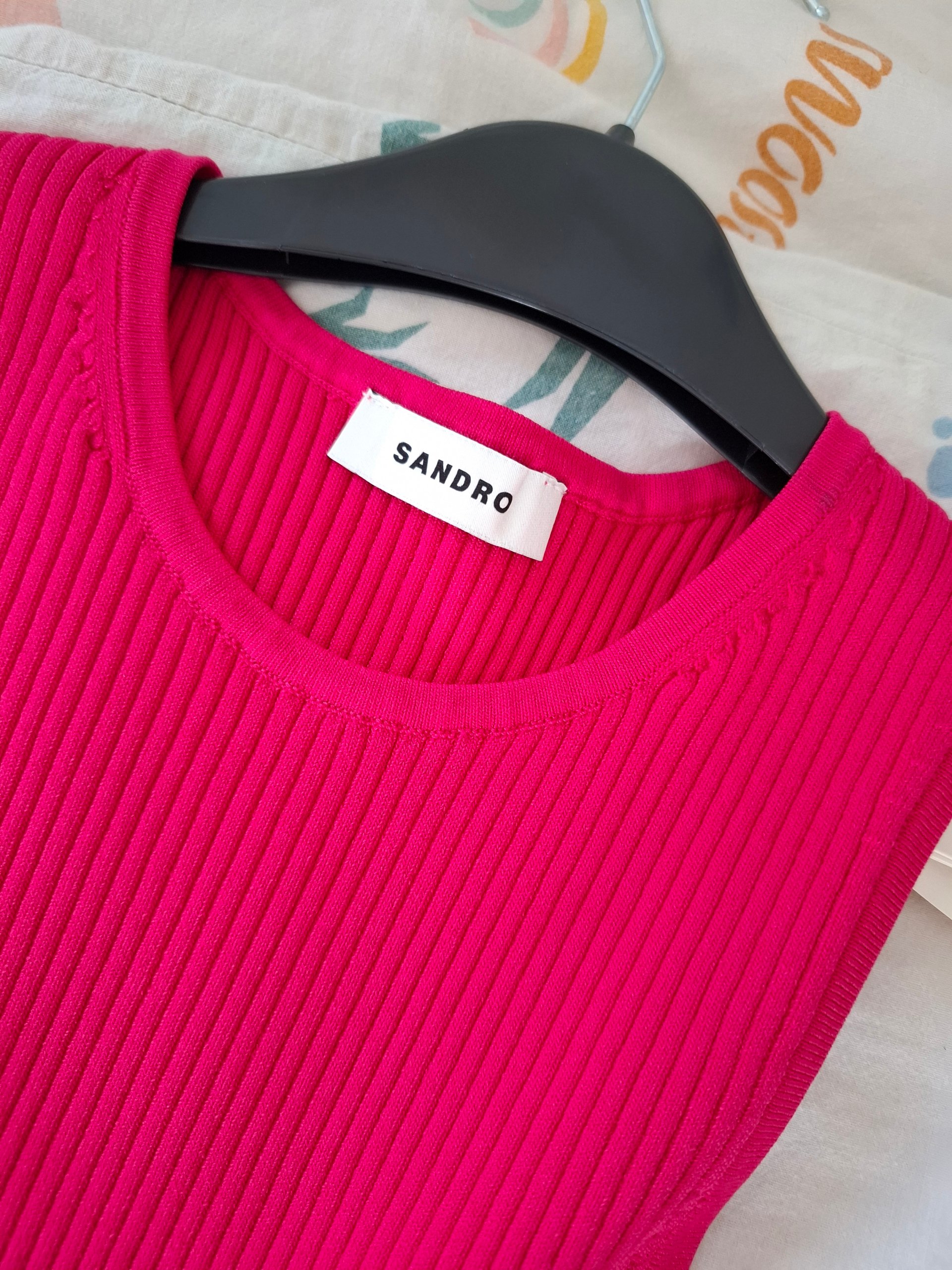 New Sandro Ribbed Knit Crop Top Metallic Ruffle Hem Pink Size L image 10
