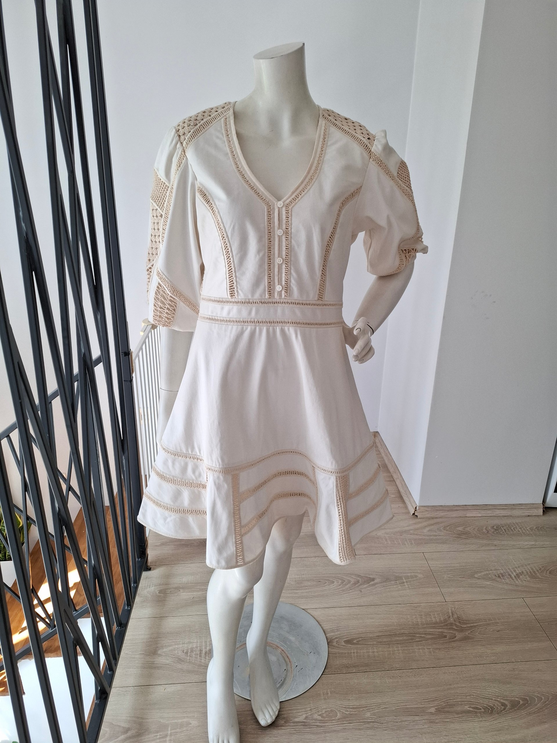 New Maje Crochet Trim Mini Dress Off-White/Cream Size L image 4