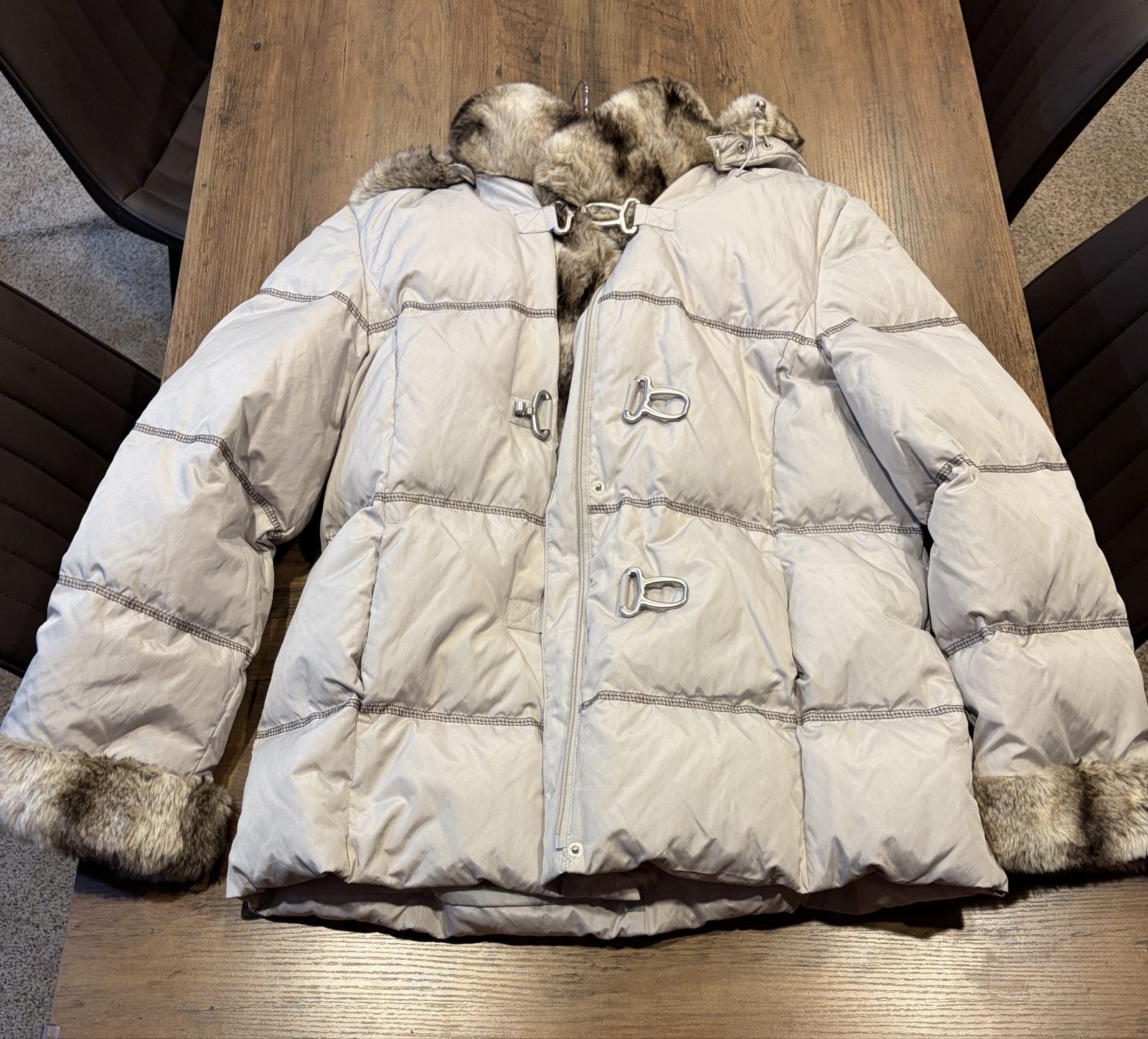 Hilary Radley Beige Faux Fur Collar Puffer Jacket Large