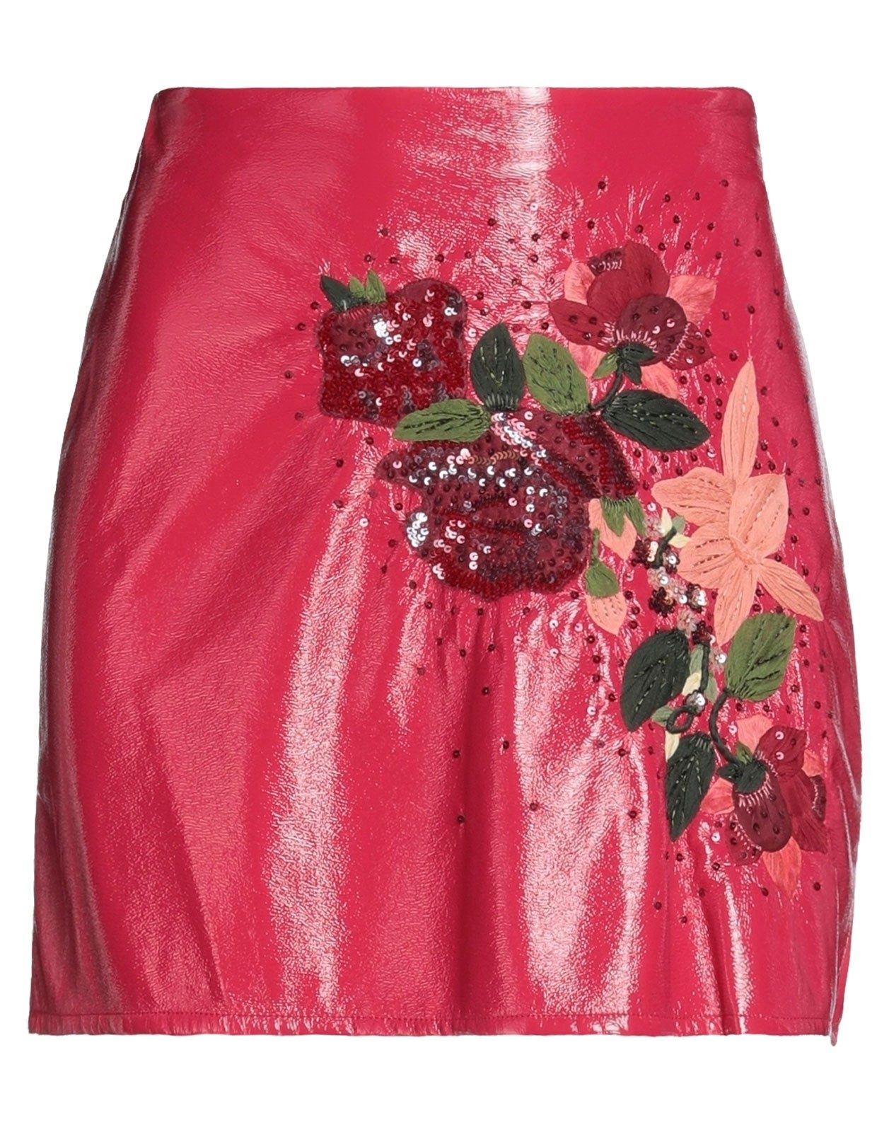 New Elisabetta Franchi Patent Faux Leather Floral Embroidered Mini Skirt Red Size S