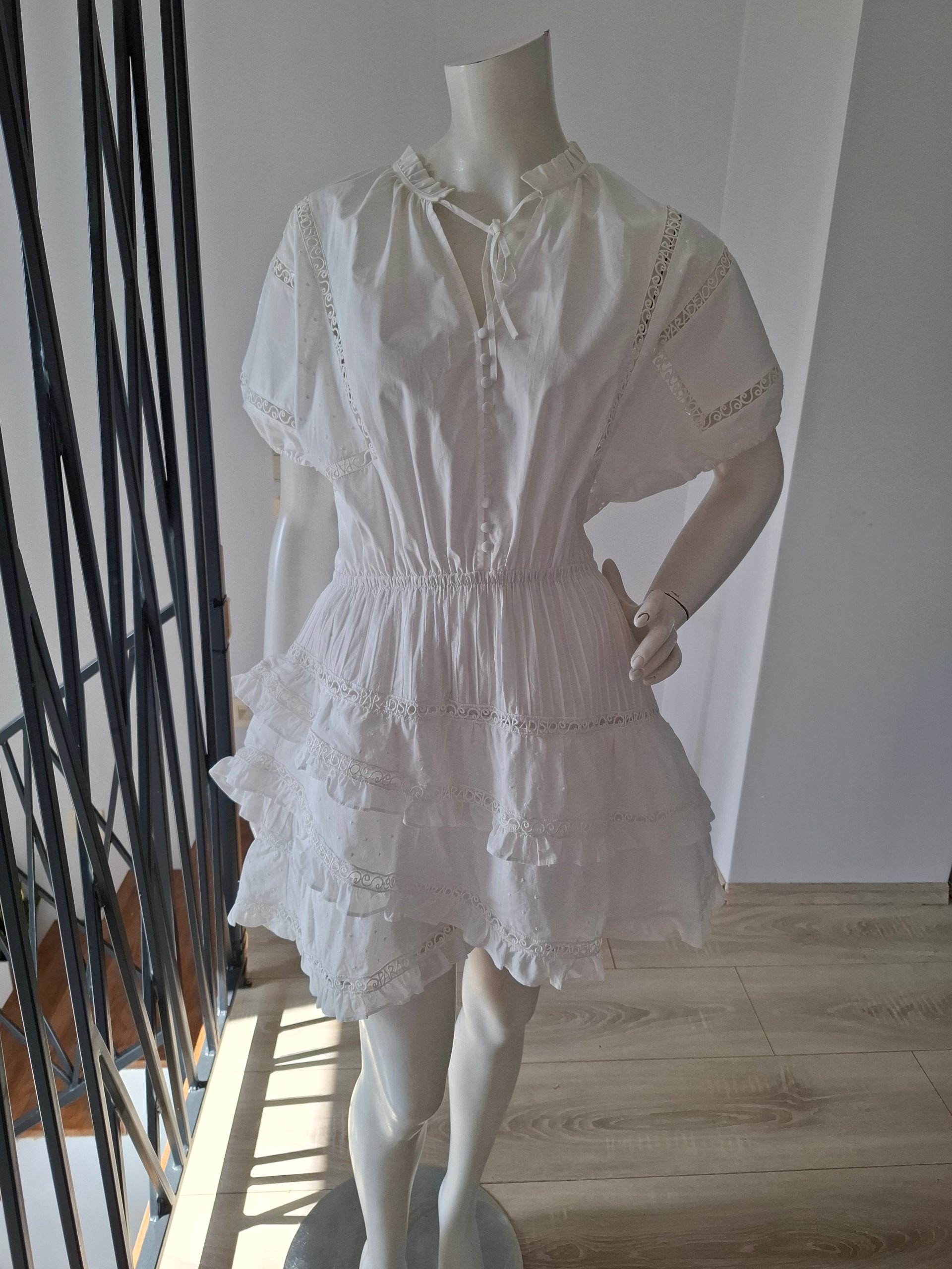 New Maje Ruffled Tiered Lace Cotton Mini Dress White Size L image 4