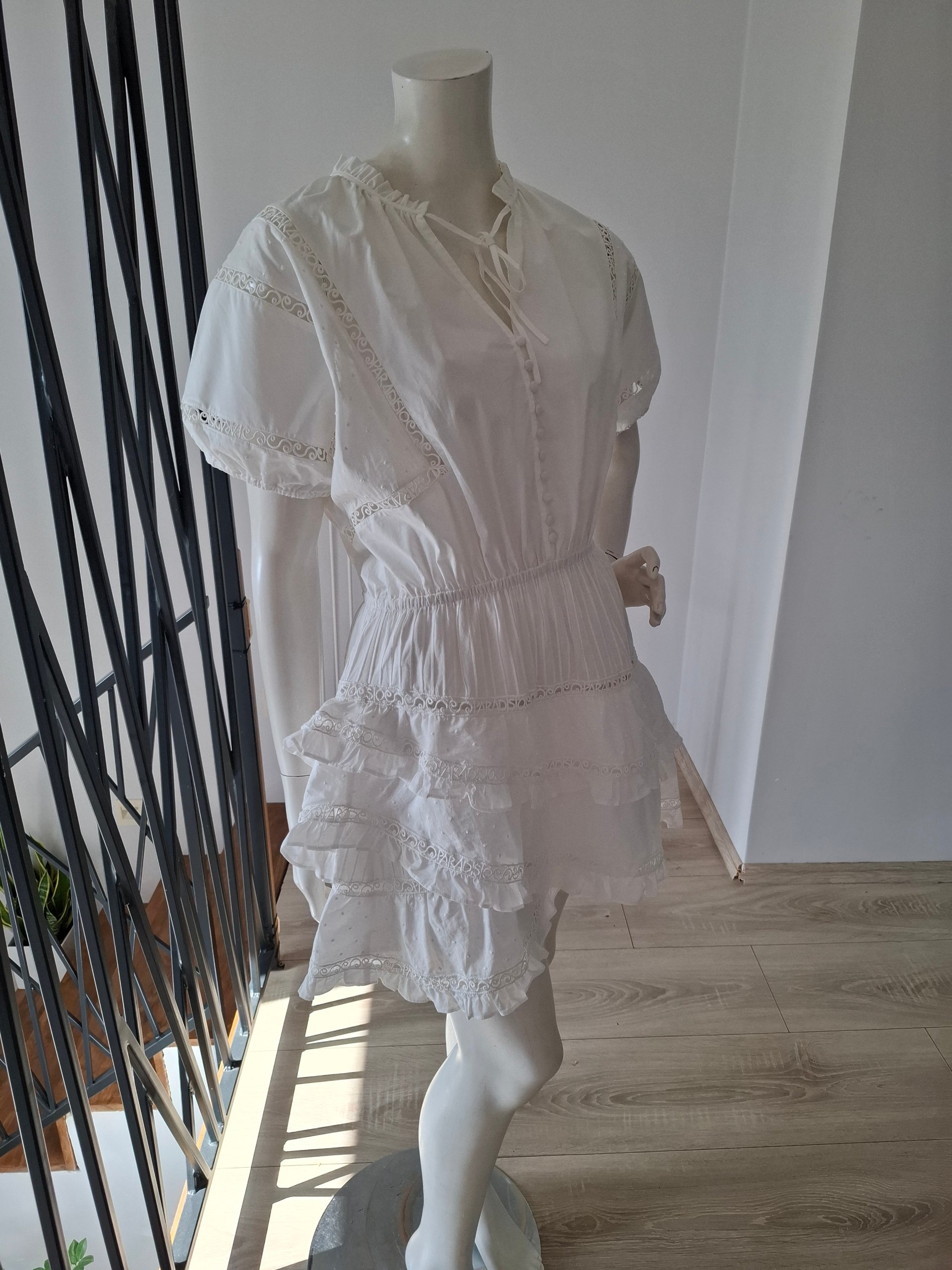 New Maje Ruffled Tiered Lace Cotton Mini Dress White Size L image 5