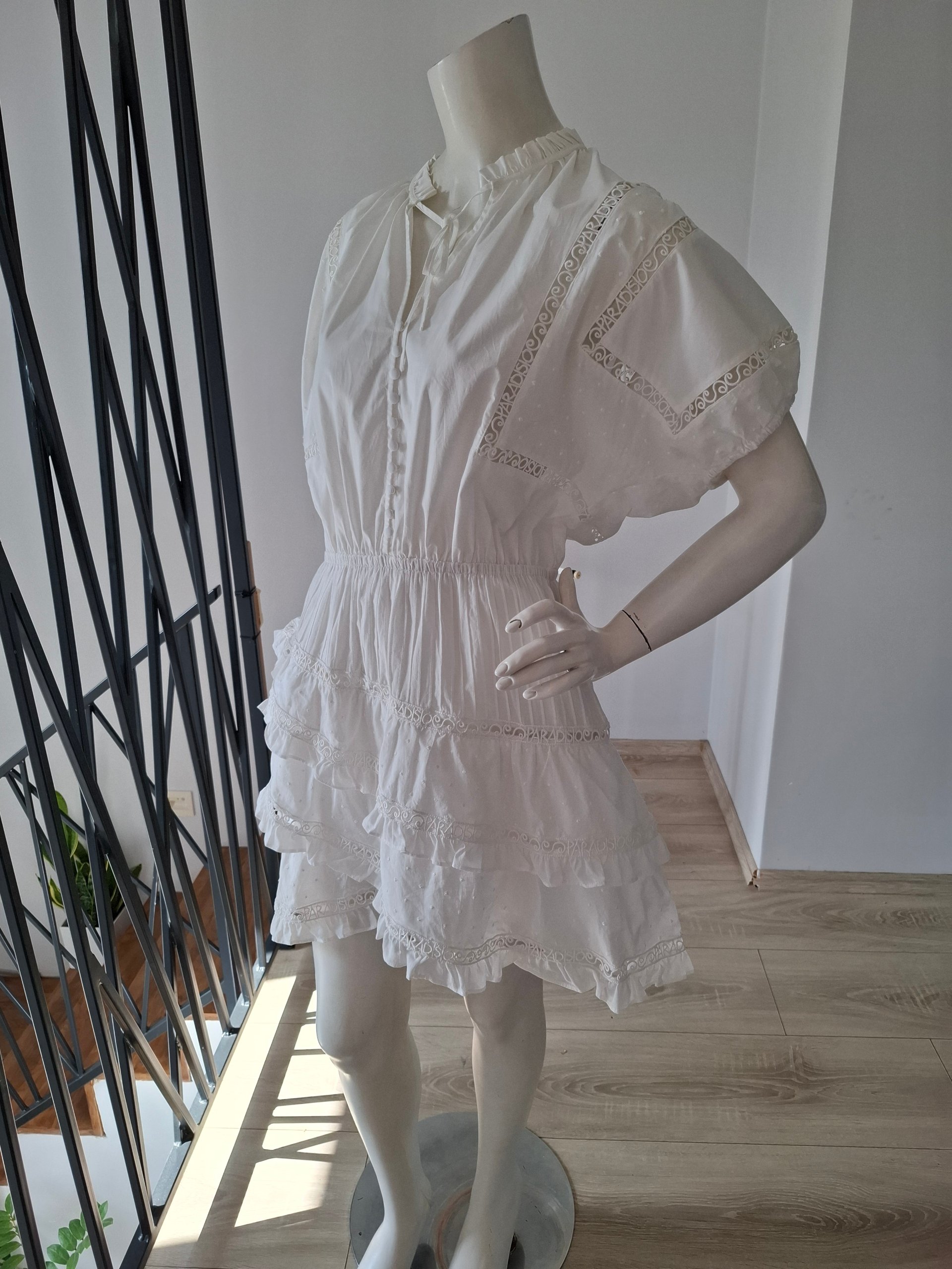New Maje Ruffled Tiered Lace Cotton Mini Dress White Size L image 6
