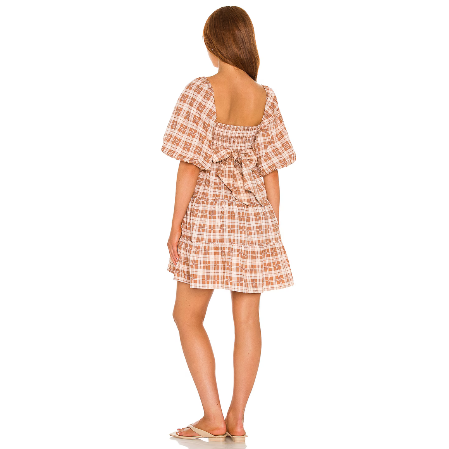 New Faithfull the Brand Plaid Tiered Mini Dress Brown/Beige Size S image 4