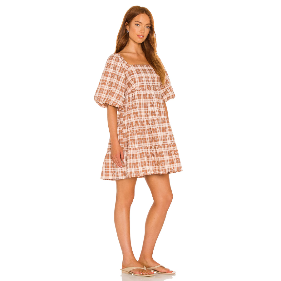 New Faithfull the Brand Plaid Tiered Mini Dress Brown/Beige Size S image 3