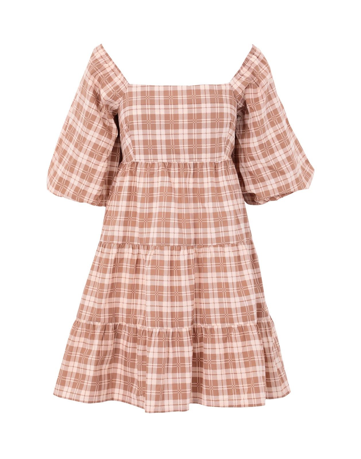 New Faithfull the Brand Plaid Tiered Mini Dress Brown/Beige Size S