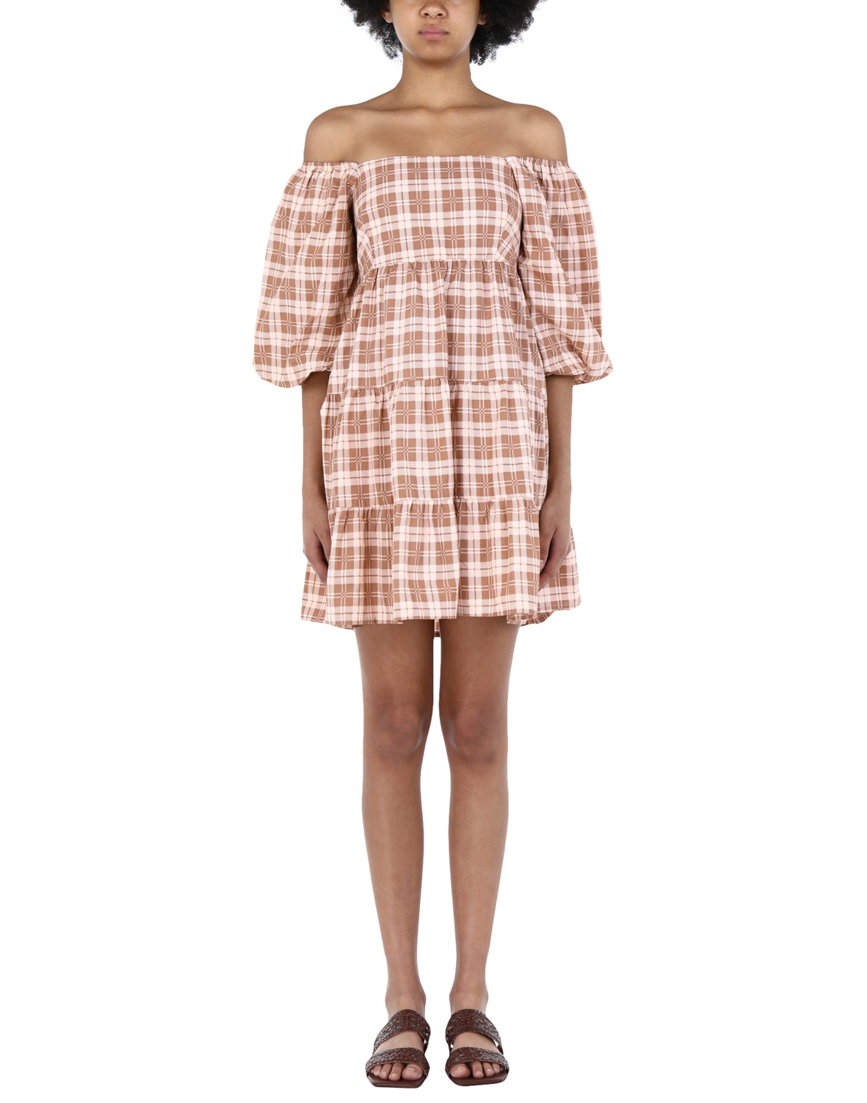 New Faithfull the Brand Plaid Tiered Mini Dress Brown/Beige Size S image 5