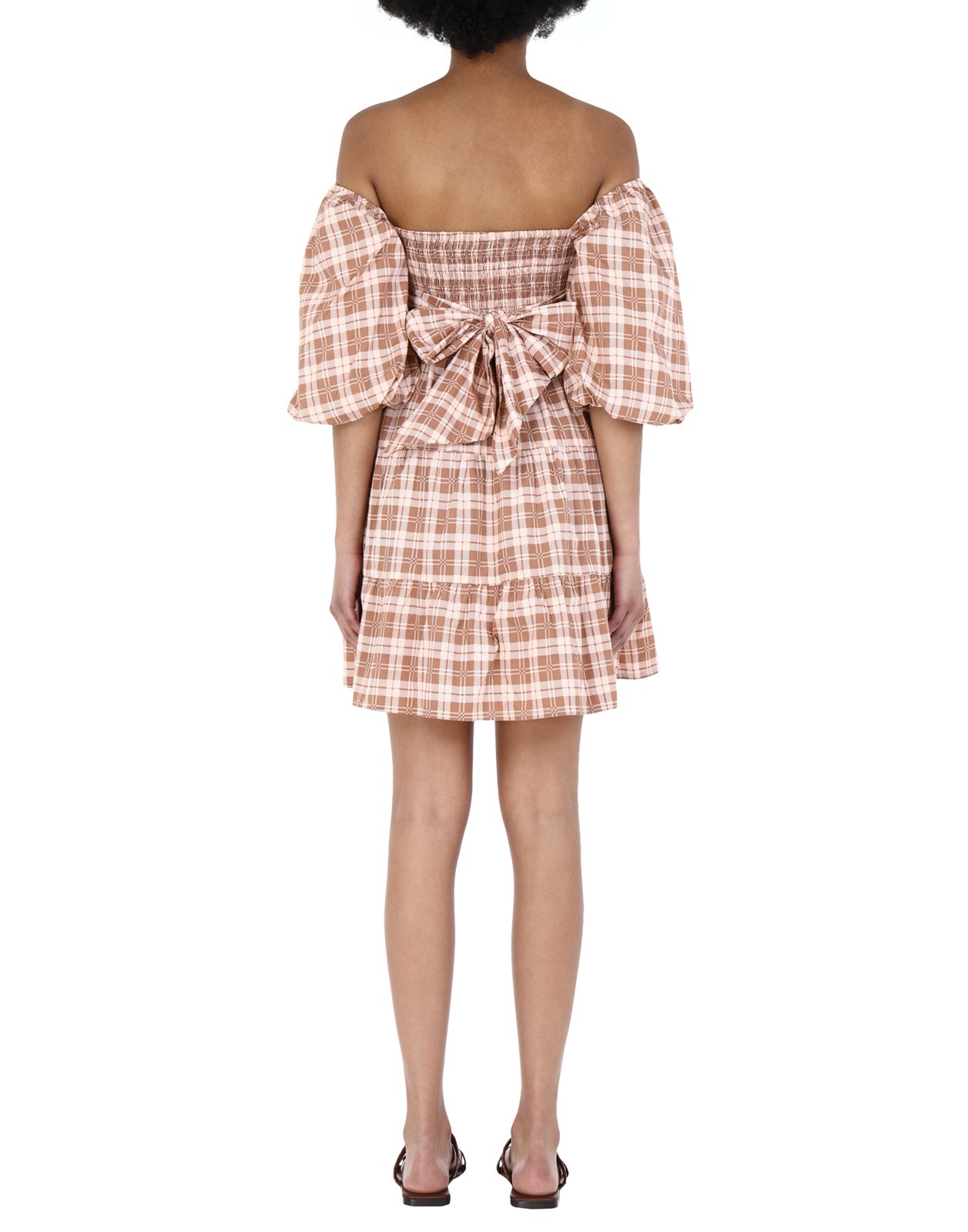 New Faithfull the Brand Plaid Tiered Mini Dress Brown/Beige Size S image 6