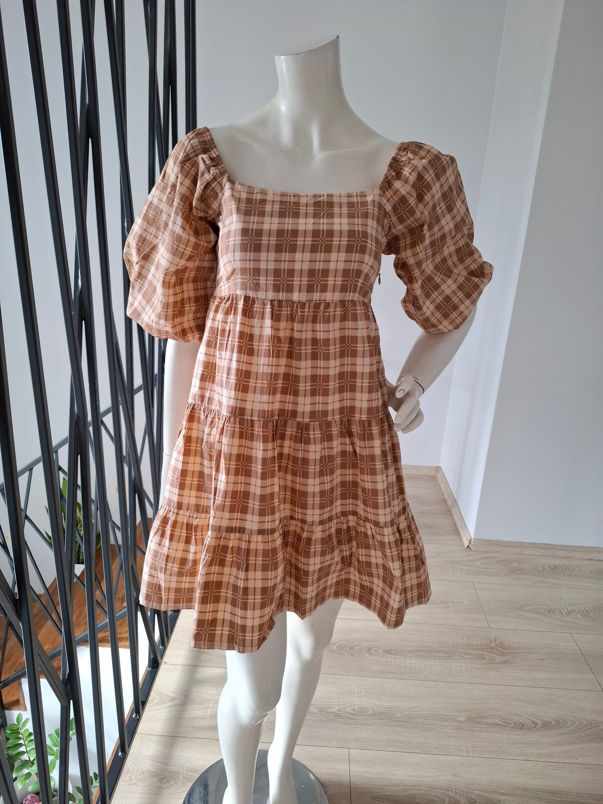 New Faithfull the Brand Plaid Tiered Mini Dress Brown/Beige Size S image 8