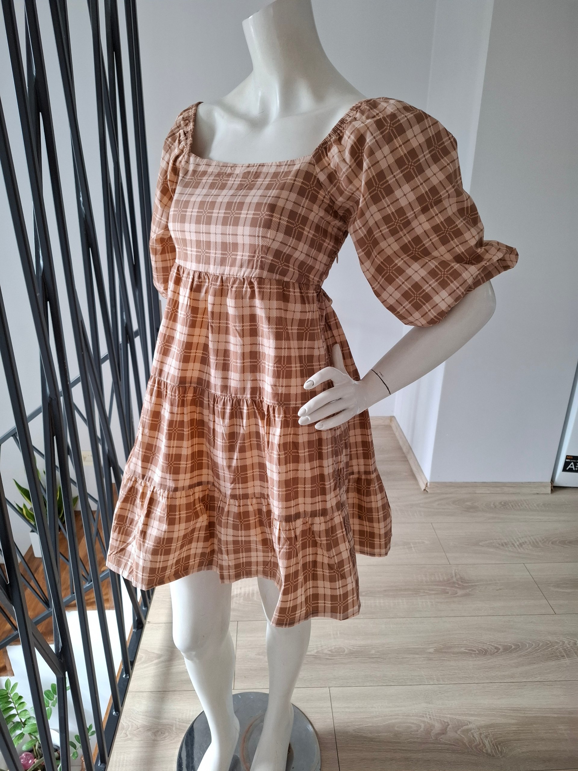 New Faithfull the Brand Plaid Tiered Mini Dress Brown/Beige Size S image 9