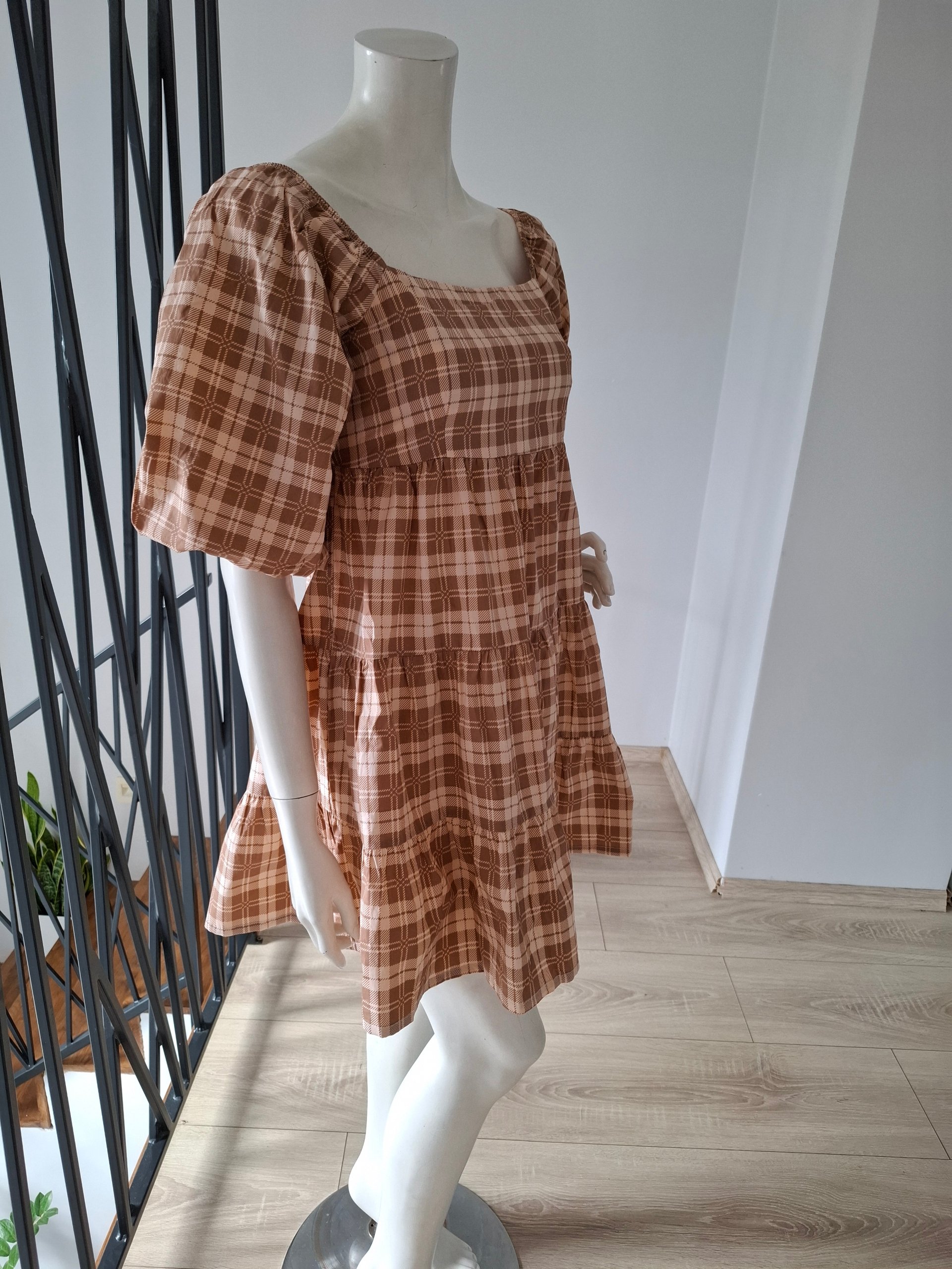 New Faithfull the Brand Plaid Tiered Mini Dress Brown/Beige Size S image 10