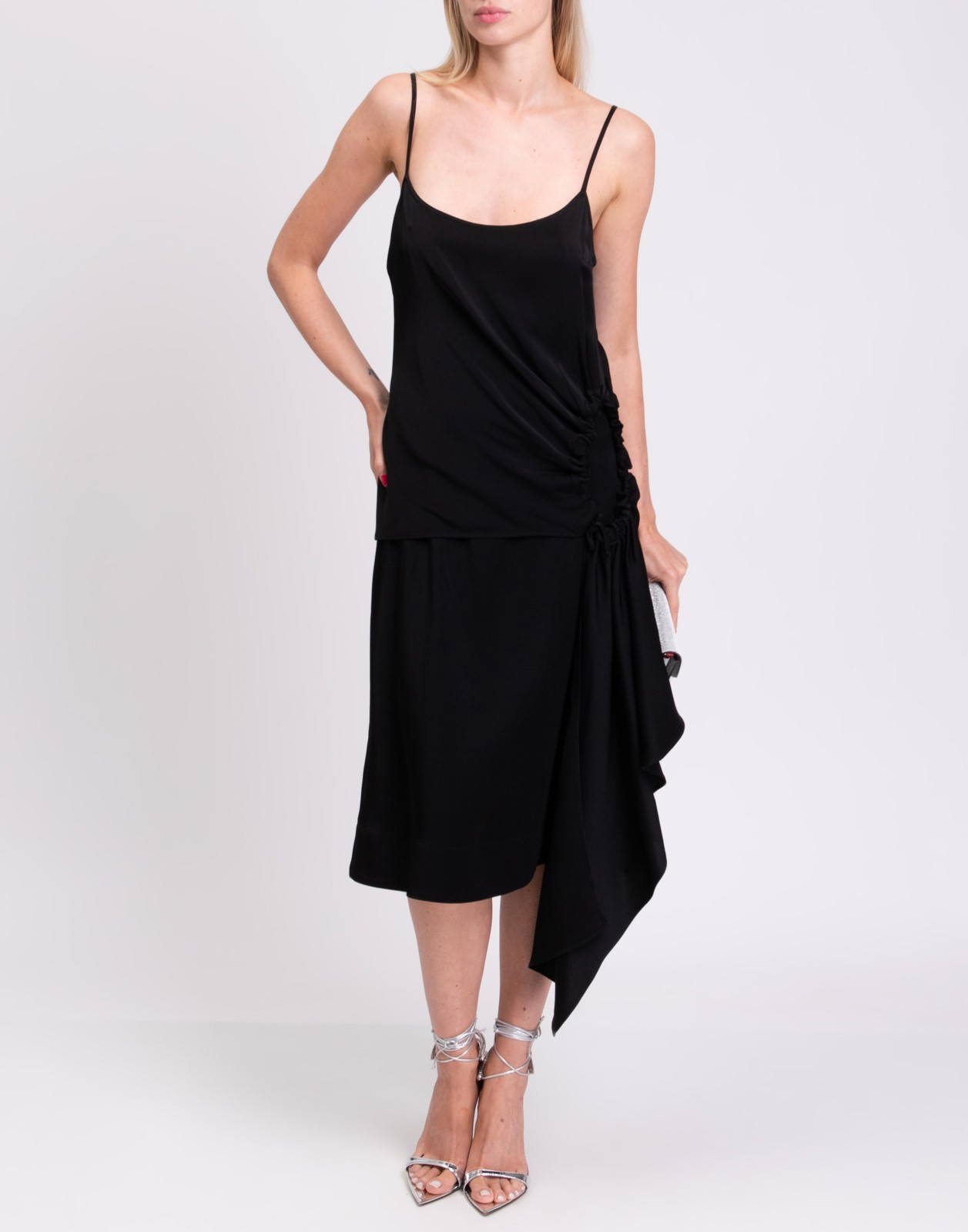 New Colville Ruched Asymmetric Midi Slip Dress Black Size S image 5