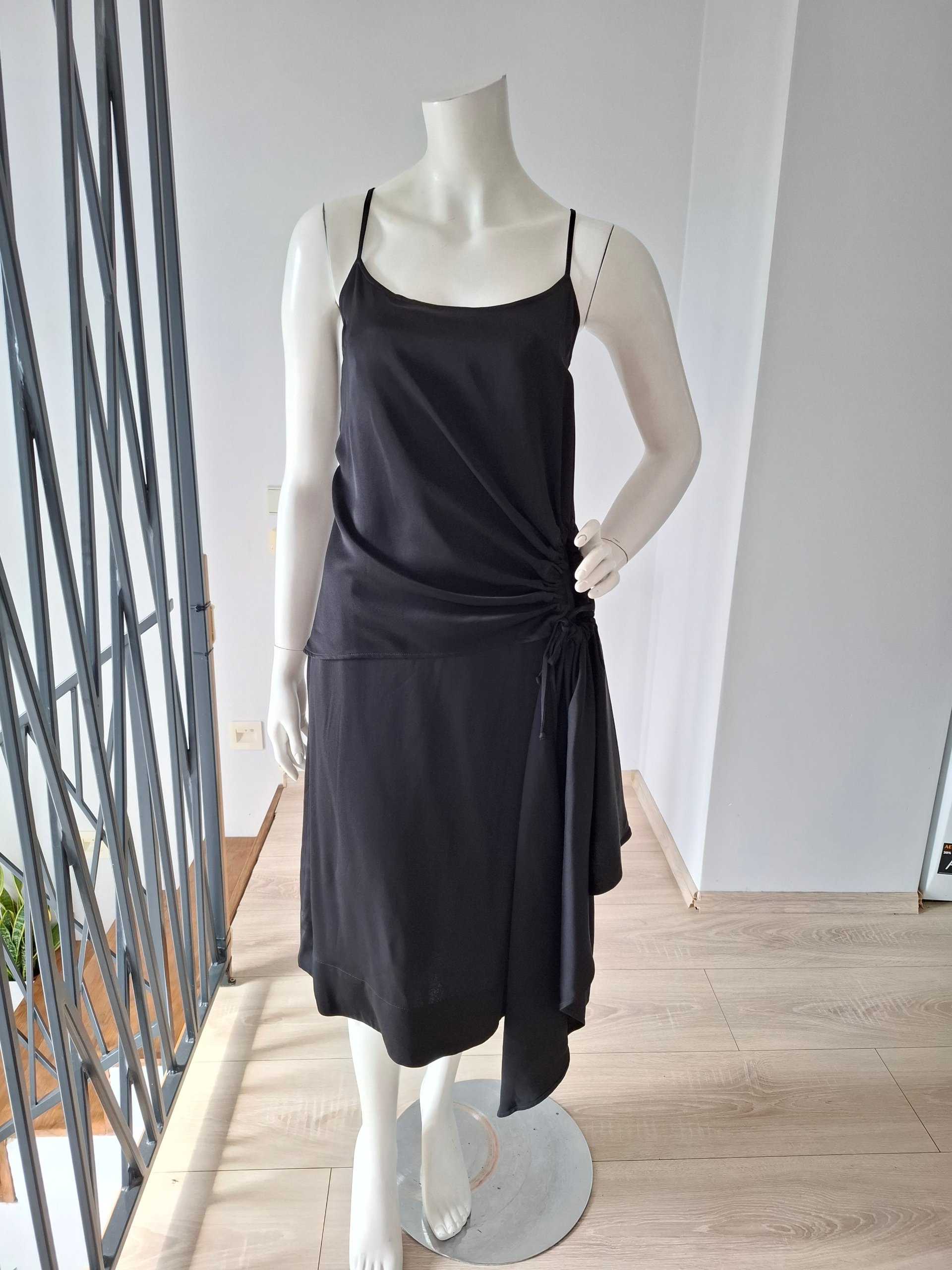 New Colville Ruched Asymmetric Midi Slip Dress Black Size S image 8