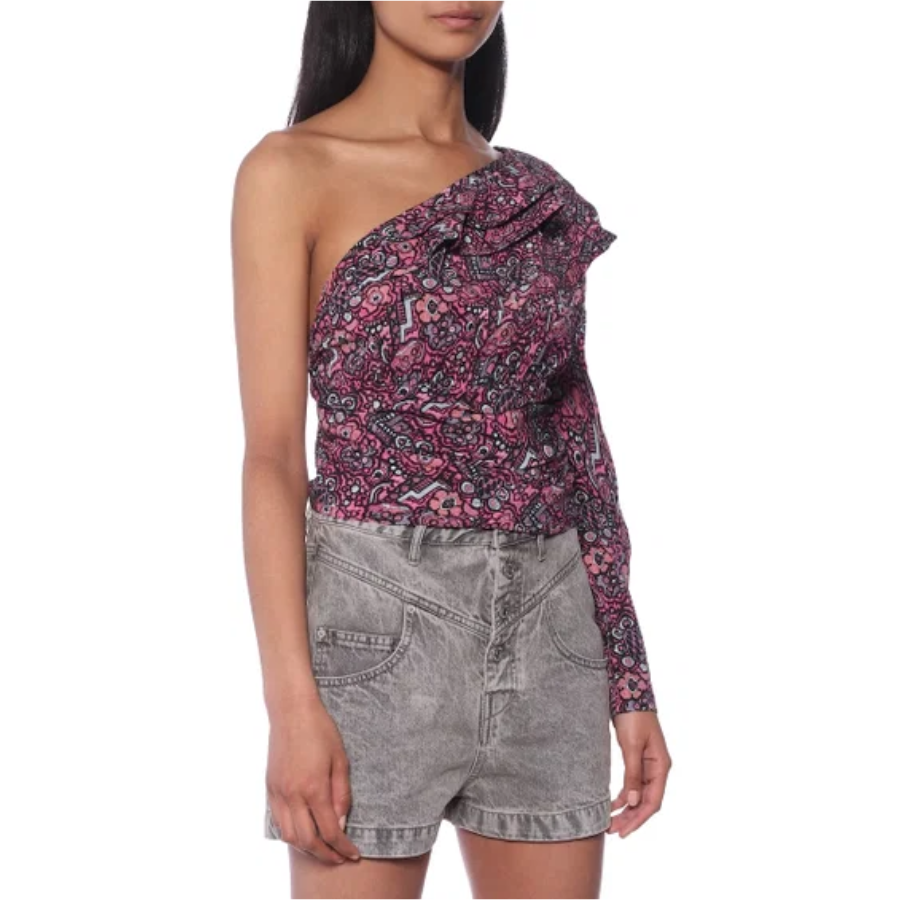 New Isabel Marant Rafiki One-Shoulder Silk Top Pink Printed Size M image 4