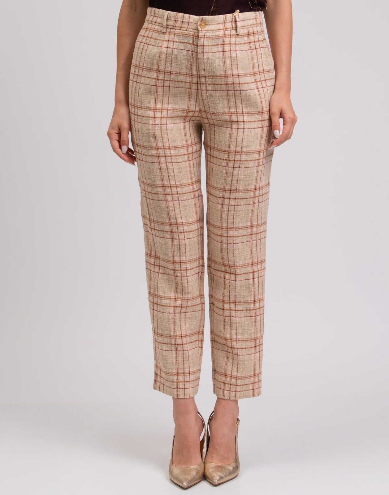 New forte_forte Plaid Linen Blend Trousers Beige Orange Size M