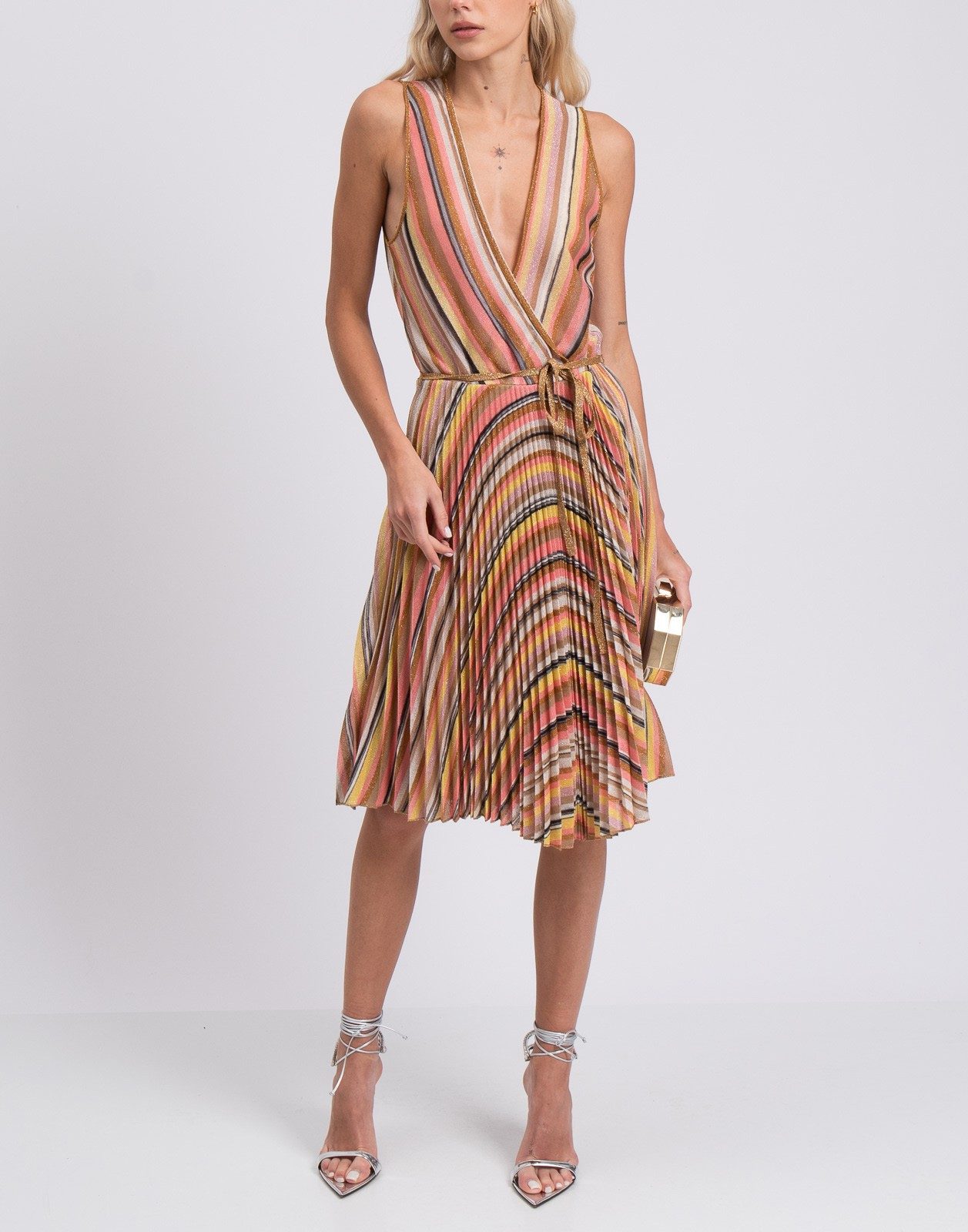 New JUCCA Striped Pleated Midi Dress Pink Gold Size M image 2